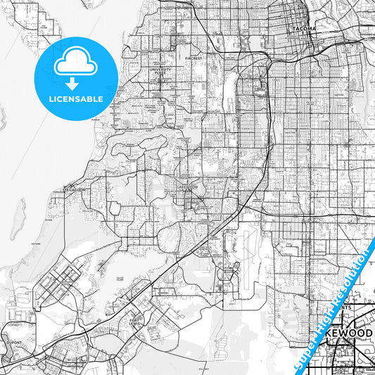 Lakewood, Washington light map with streetnames, citynames and districts