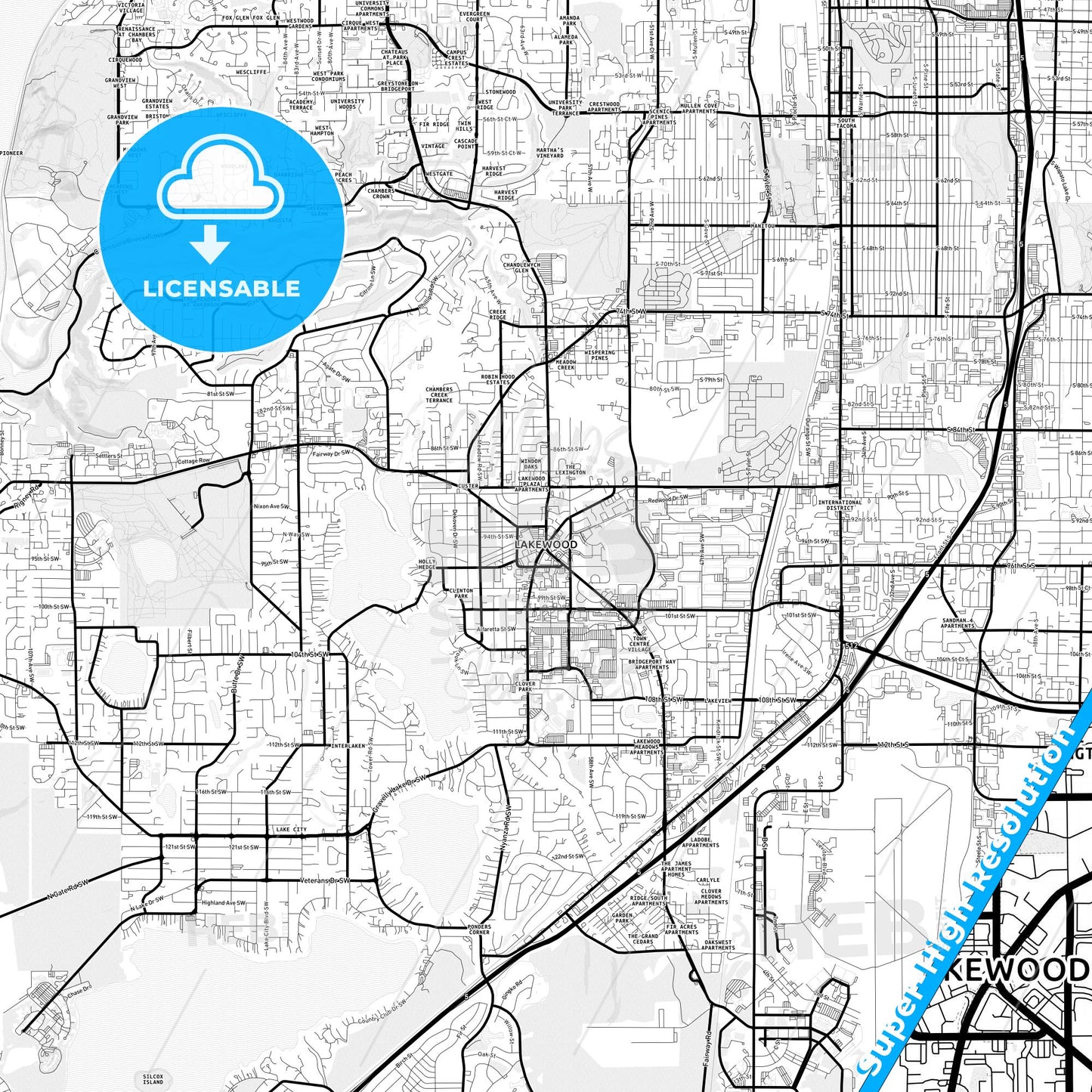 Lakewood, Washington Light Map with Street Names, City Names, and Districts