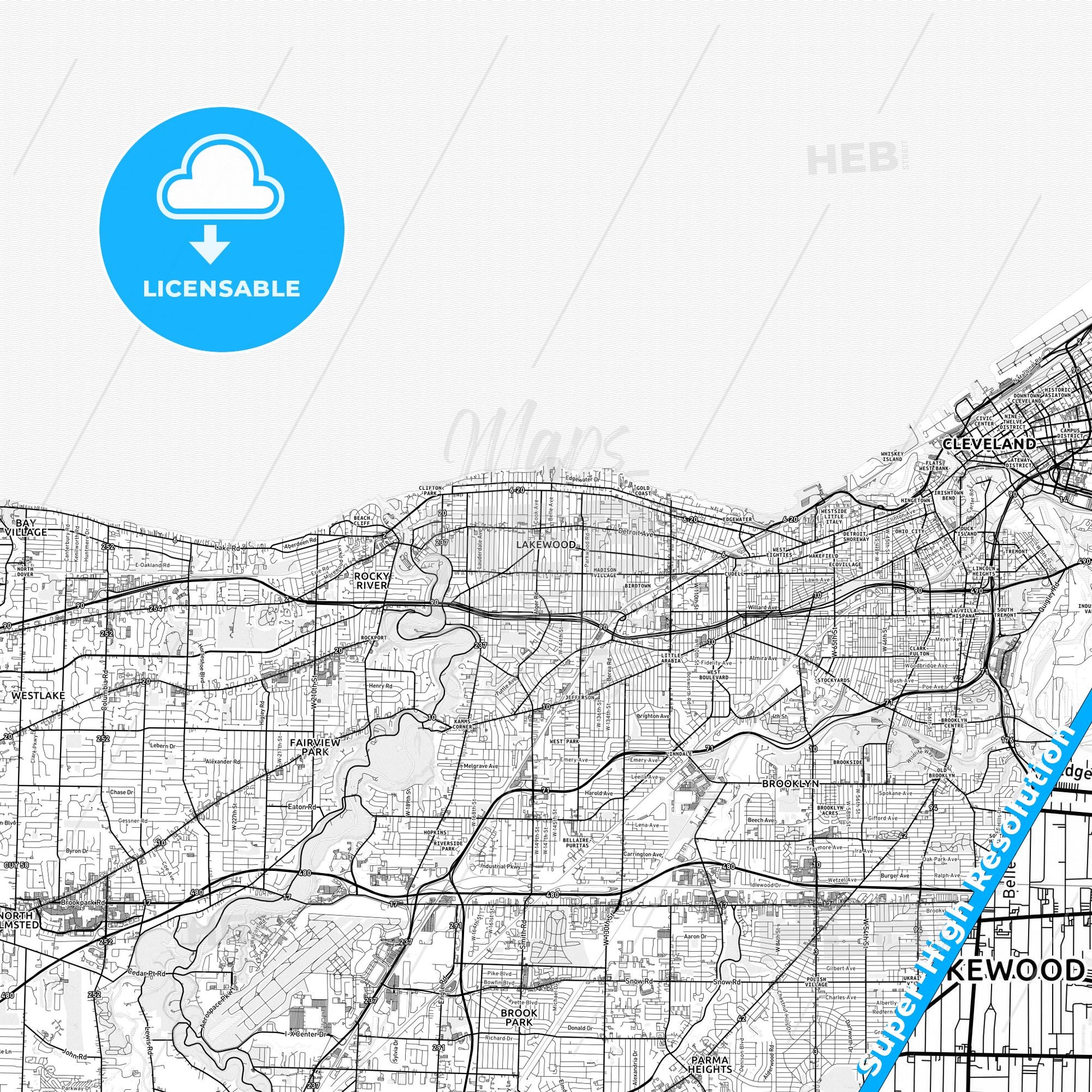 Lakewood, Ohio light map with streetnames, citynames and districts