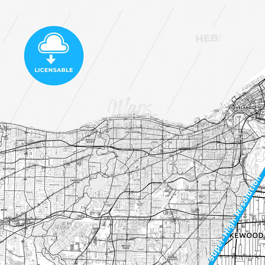 Lakewood, Ohio light map with streetnames, citynames and districts