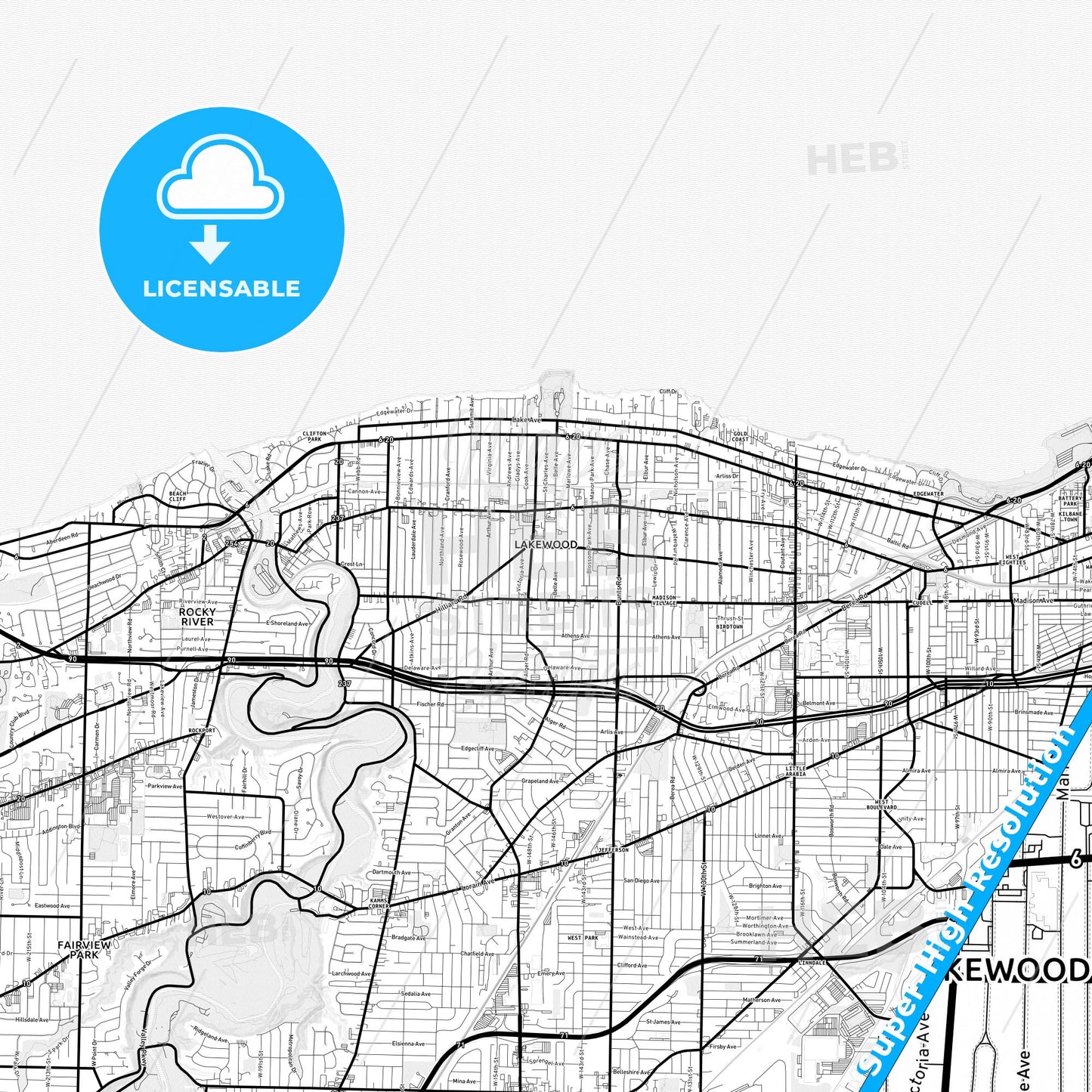 Lakewood, Ohio Light Map with Street Names, City Names, and Districts