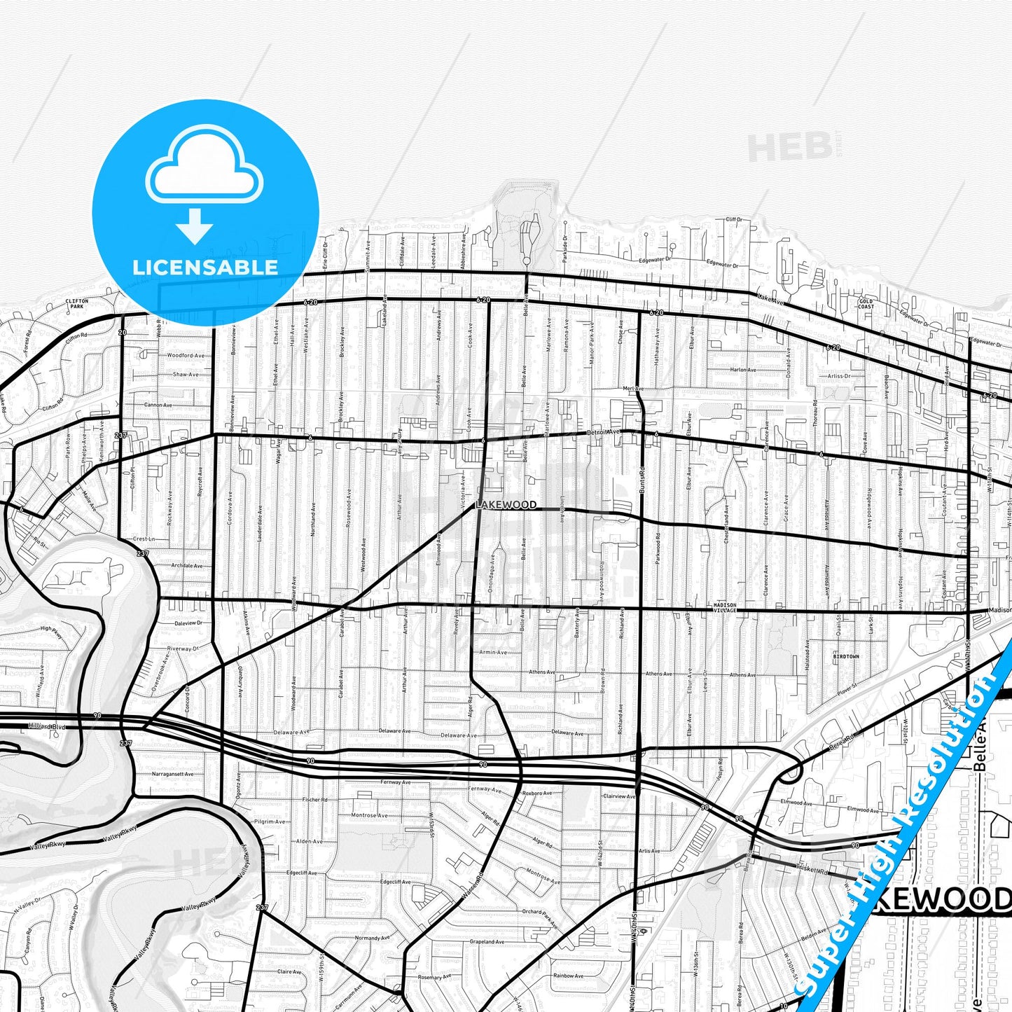 Lakewood, Ohio Light Map with Street Names, City Names, and Districts