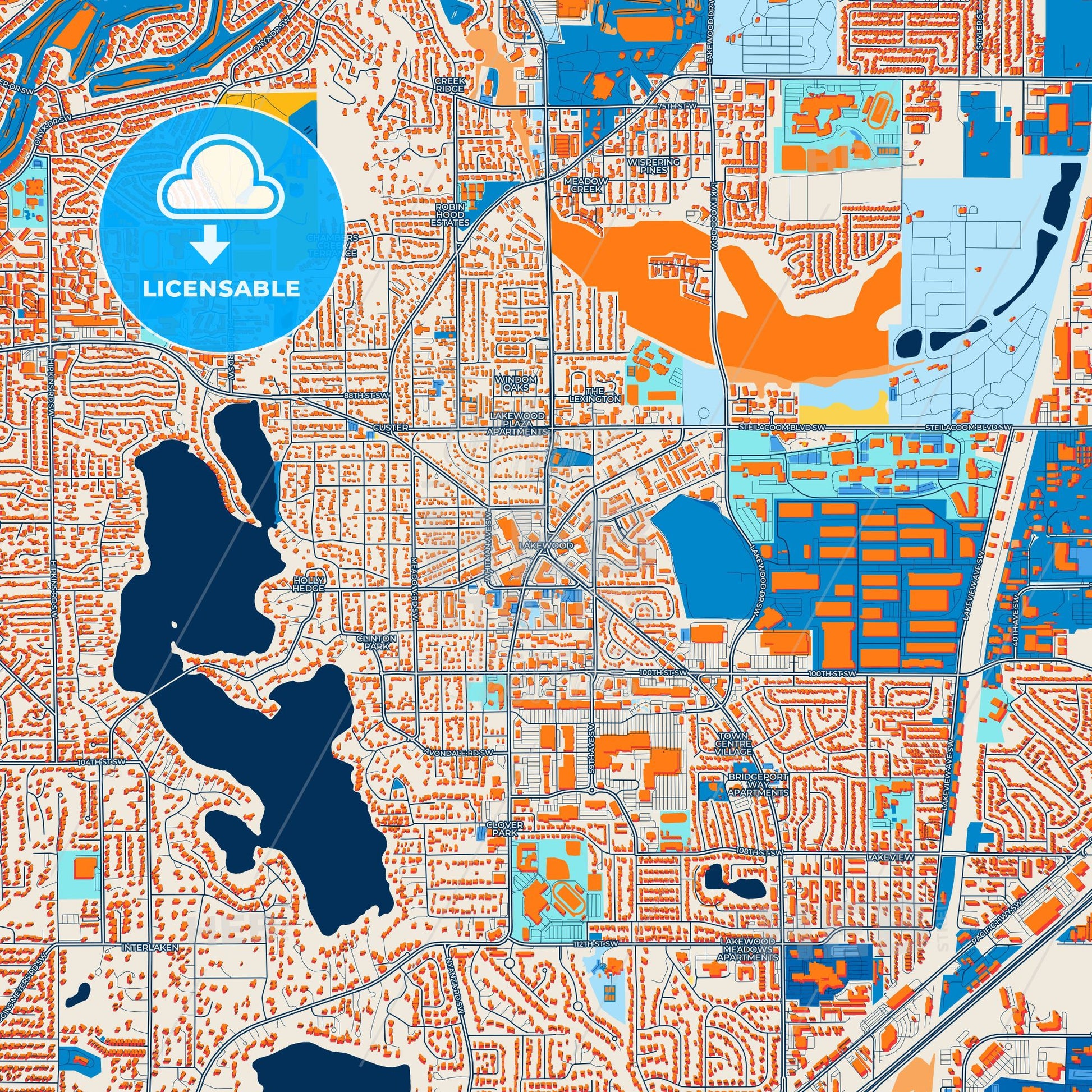 Colorful Lakewood Street Map with Labels and Buildings
