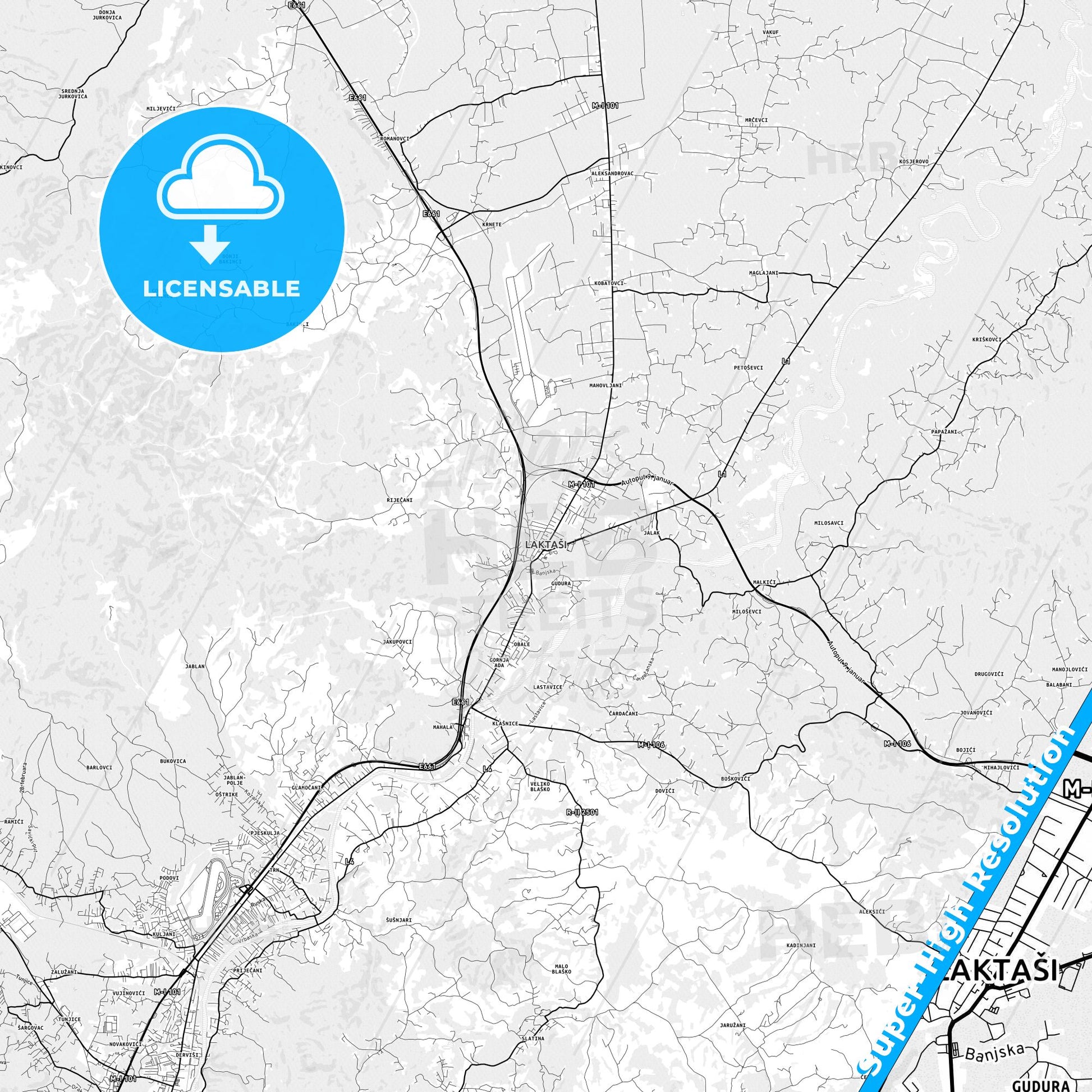 Laktaši, Bosnia and Herzegovina light map with streetnames, citynames and districts