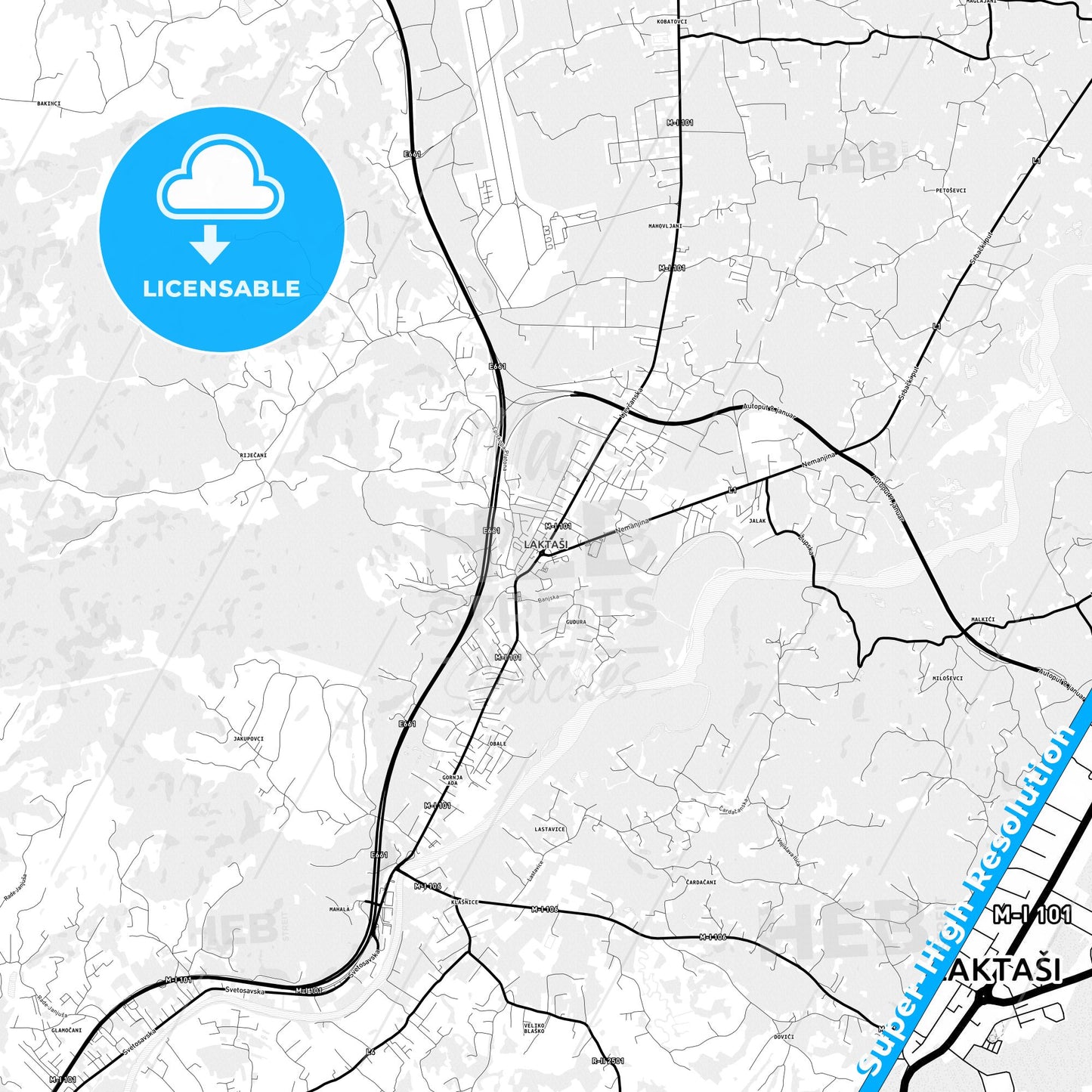 Laktaši, Bosnia and Herzegovina Light Map with Street Names, City Names, and Districts