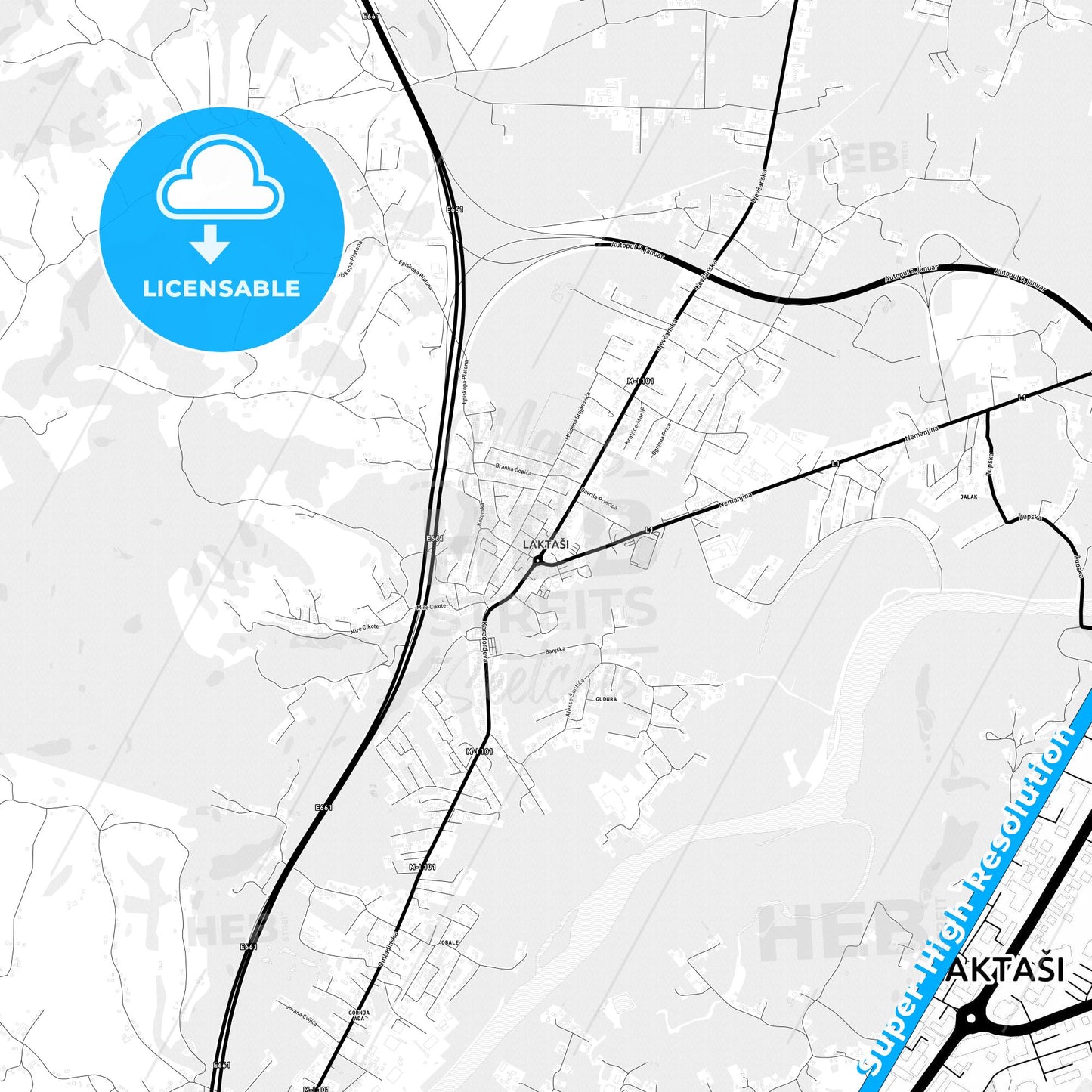 Laktaši, Bosnia and Herzegovina Light Map with Street Names, City Names, and Districts