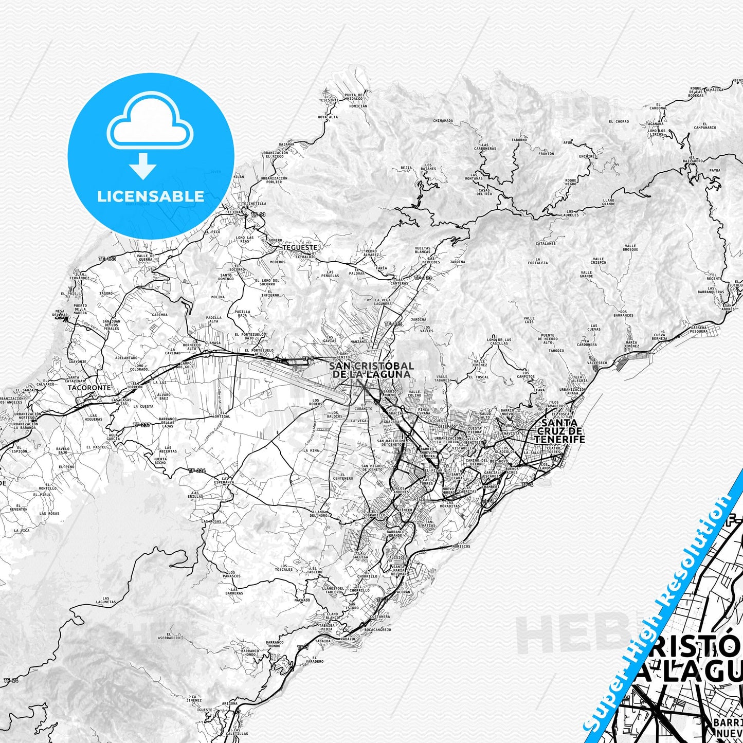 La Laguna, Spain light map with streetnames, citynames and districts