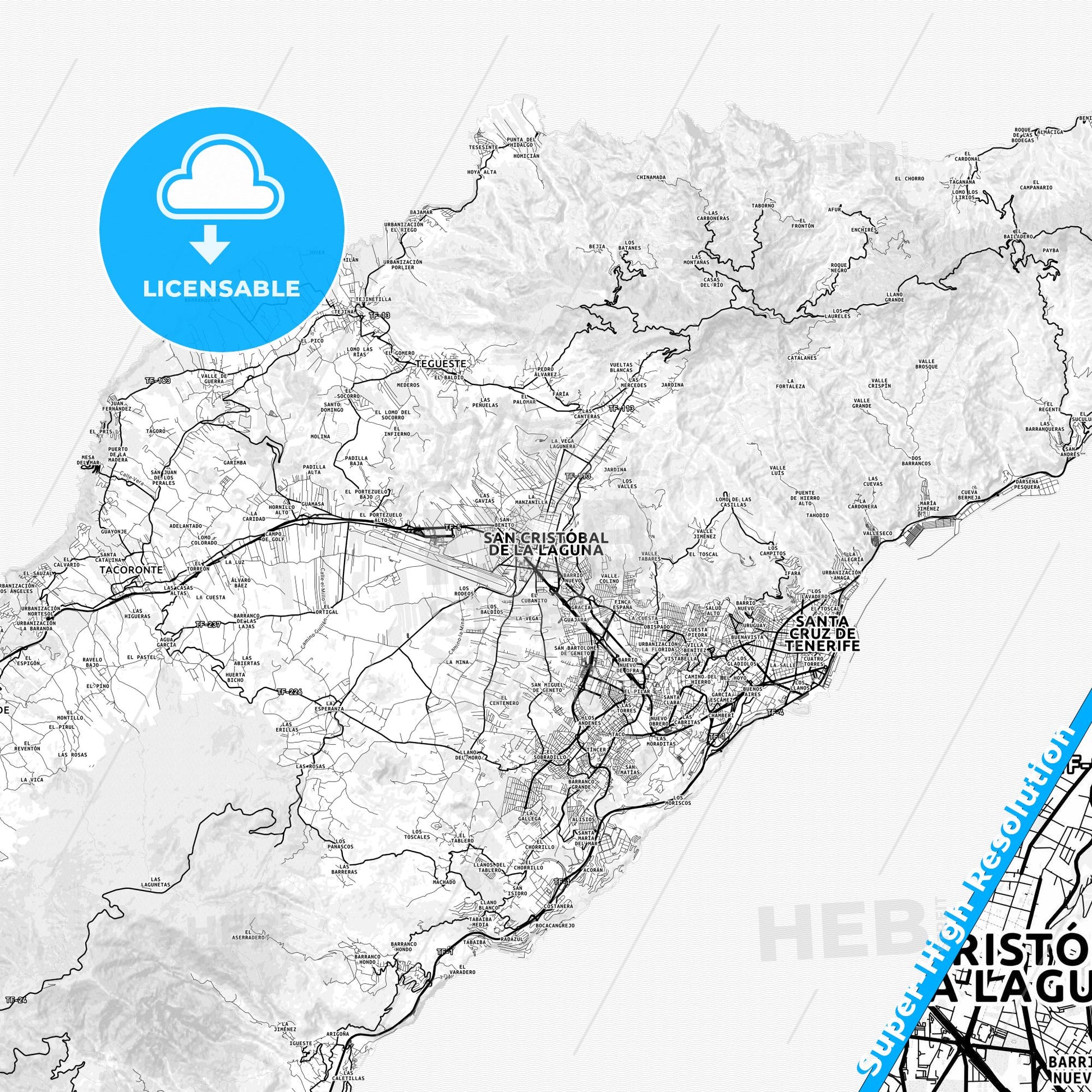 La Laguna, Spain light map with streetnames, citynames and districts