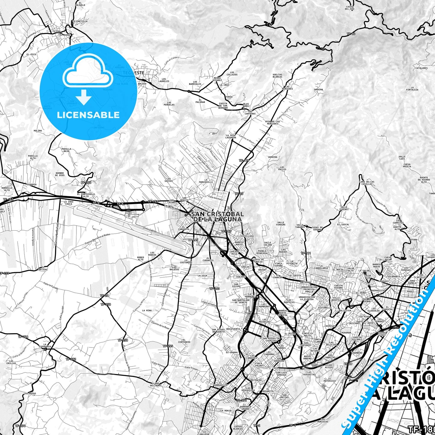La Laguna, Spain Light Map with Street Names, City Names, and Districts