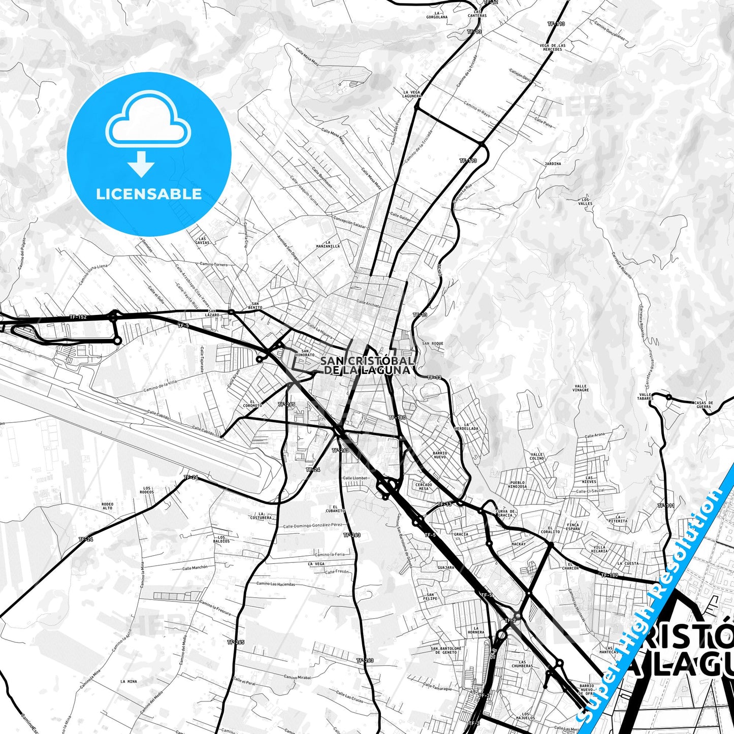 La Laguna, Spain Light Map with Street Names, City Names, and Districts