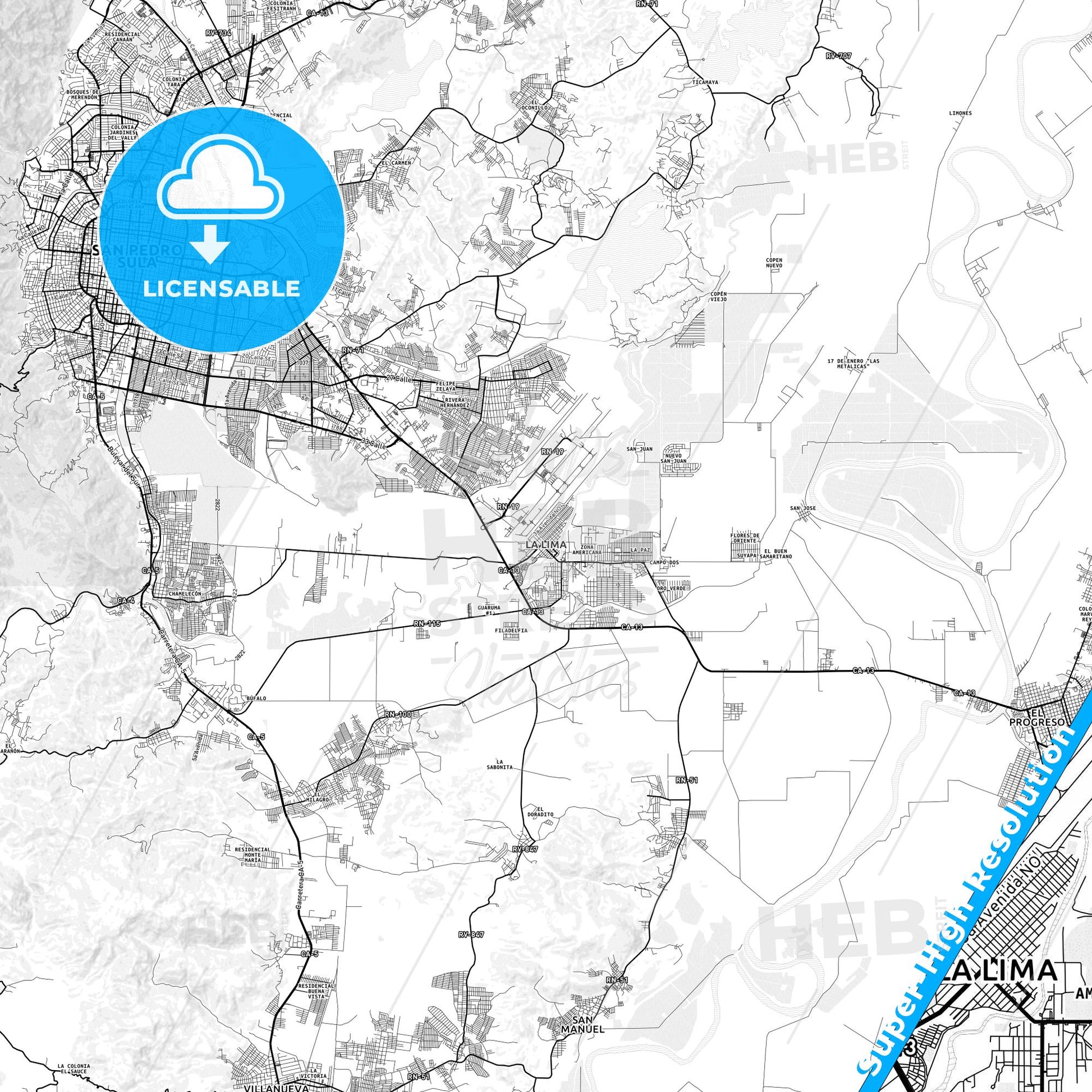 La Lima, Honduras light map with streetnames, citynames and districts