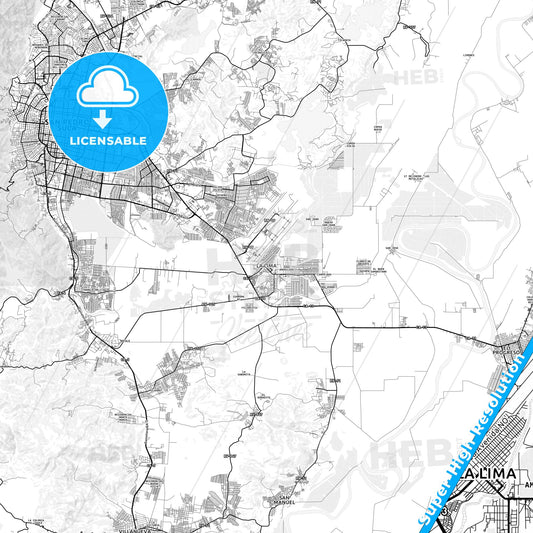 La Lima, Honduras light map with streetnames, citynames and districts