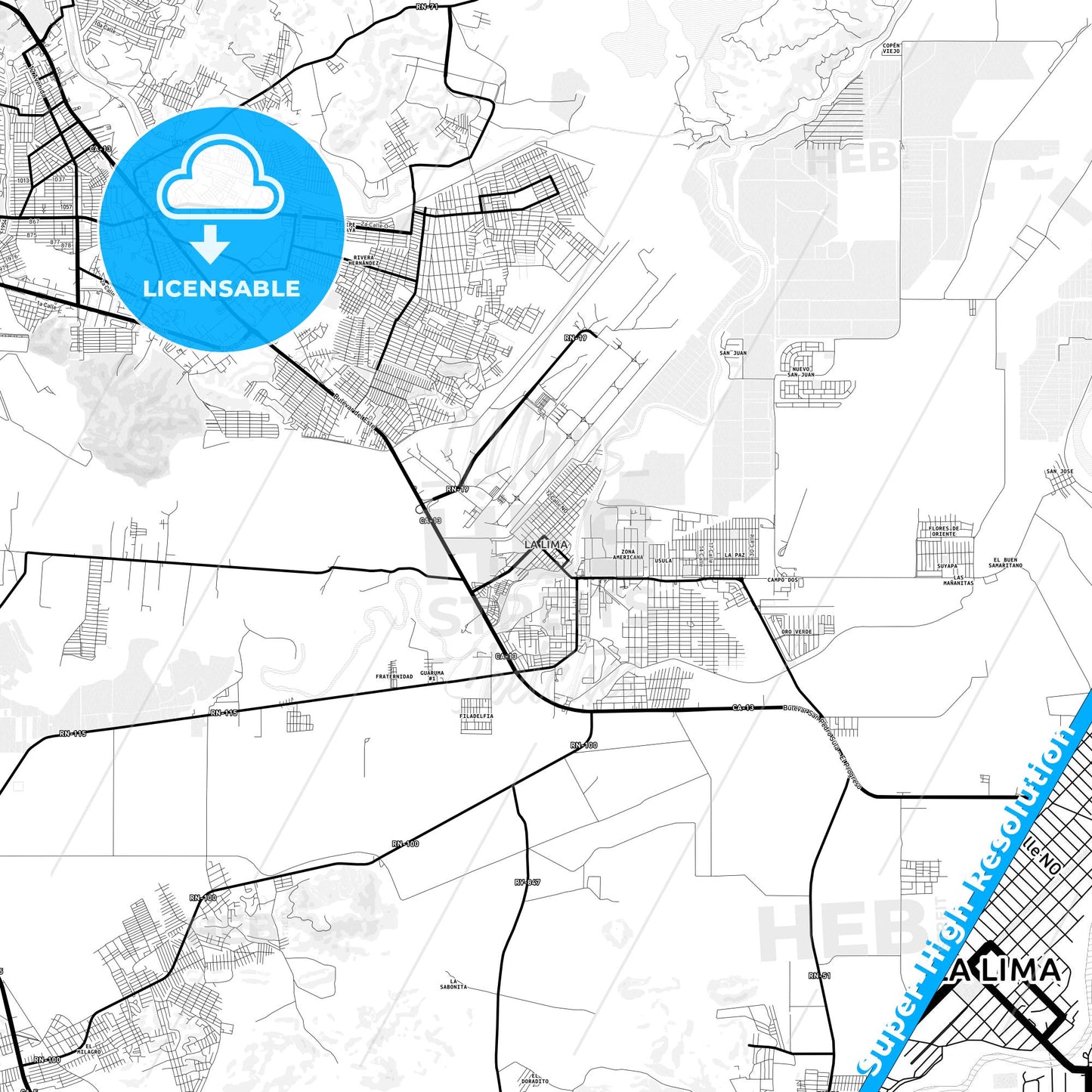 La Lima, Honduras Light Map with Street Names, City Names, and Districts