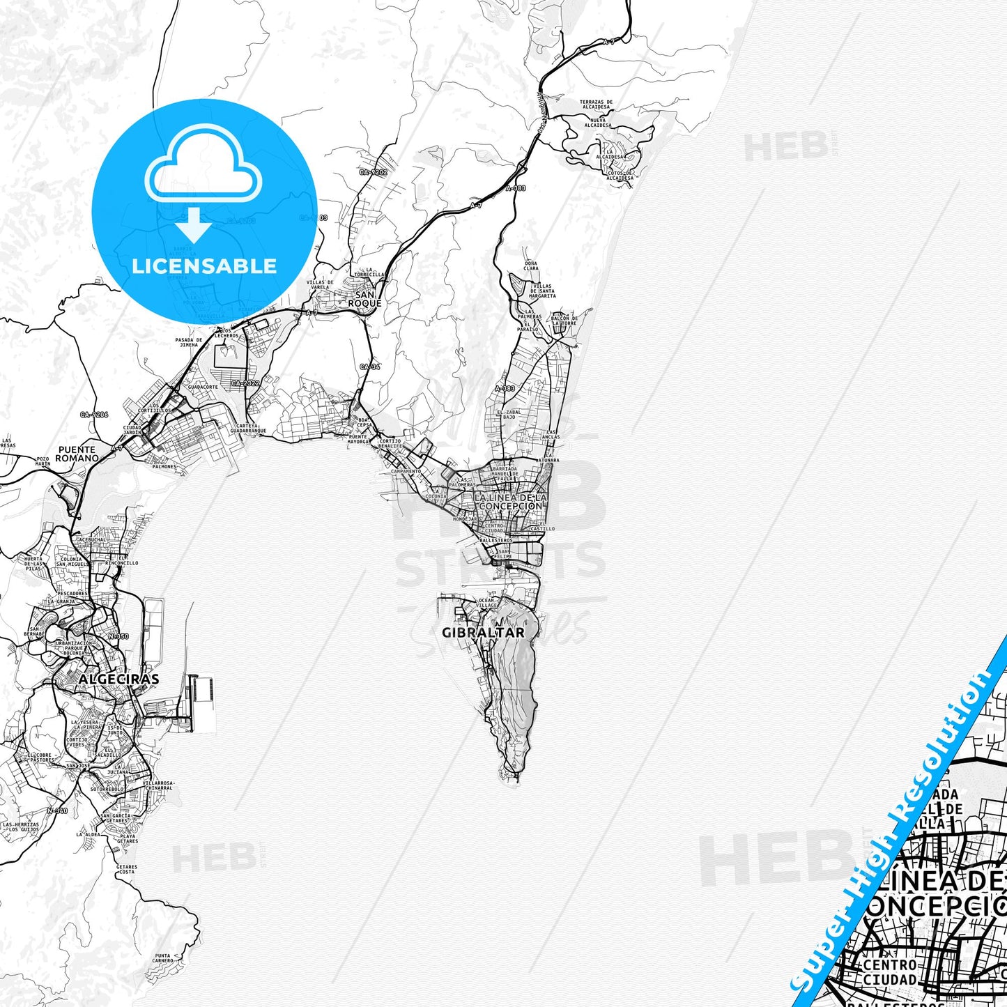 La Línea de la Concepción, Spain light map with streetnames, citynames and districts
