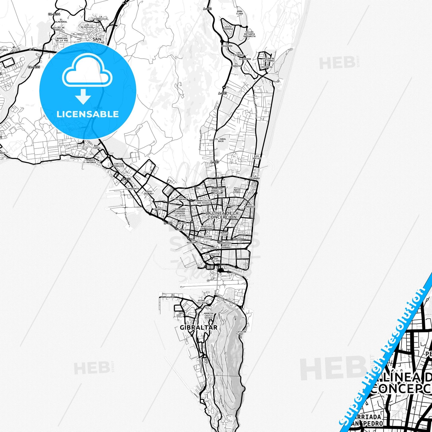 La Línea de la Concepción, Spain Light Map with Street Names, City Names, and Districts