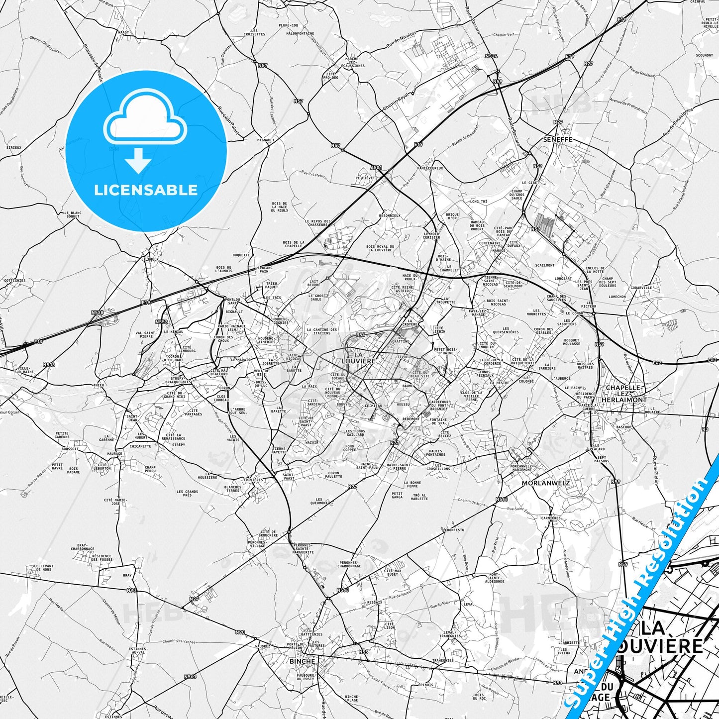 La Louvière, Belgium light map with streetnames, citynames and districts