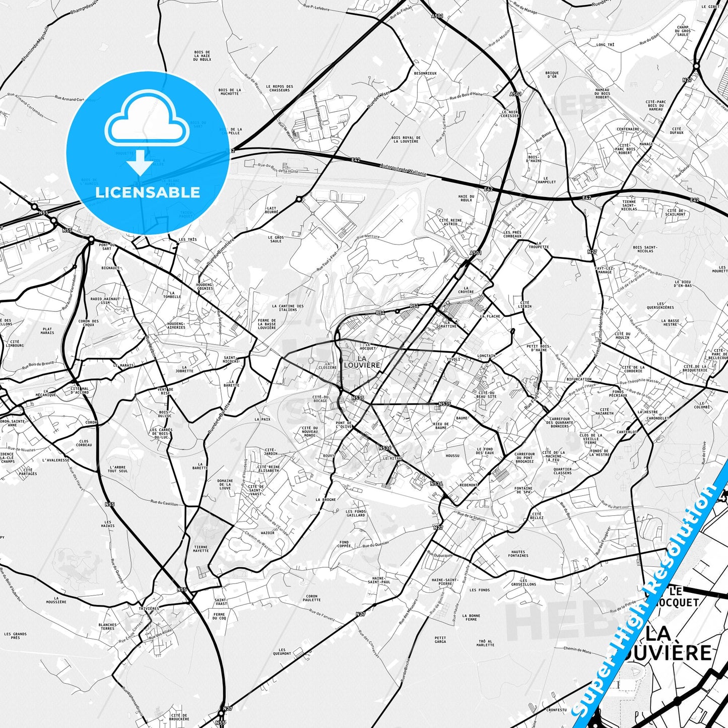 La Louvière, Belgium Light Map with Street Names, City Names, and Districts