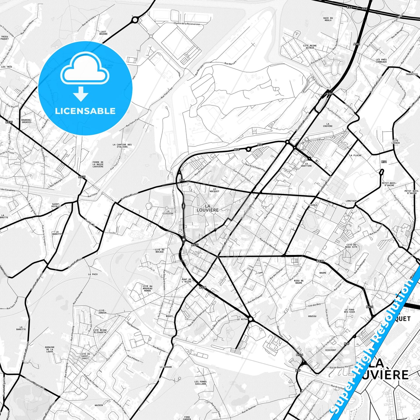 La Louvière, Belgium Light Map with Street Names, City Names, and Districts