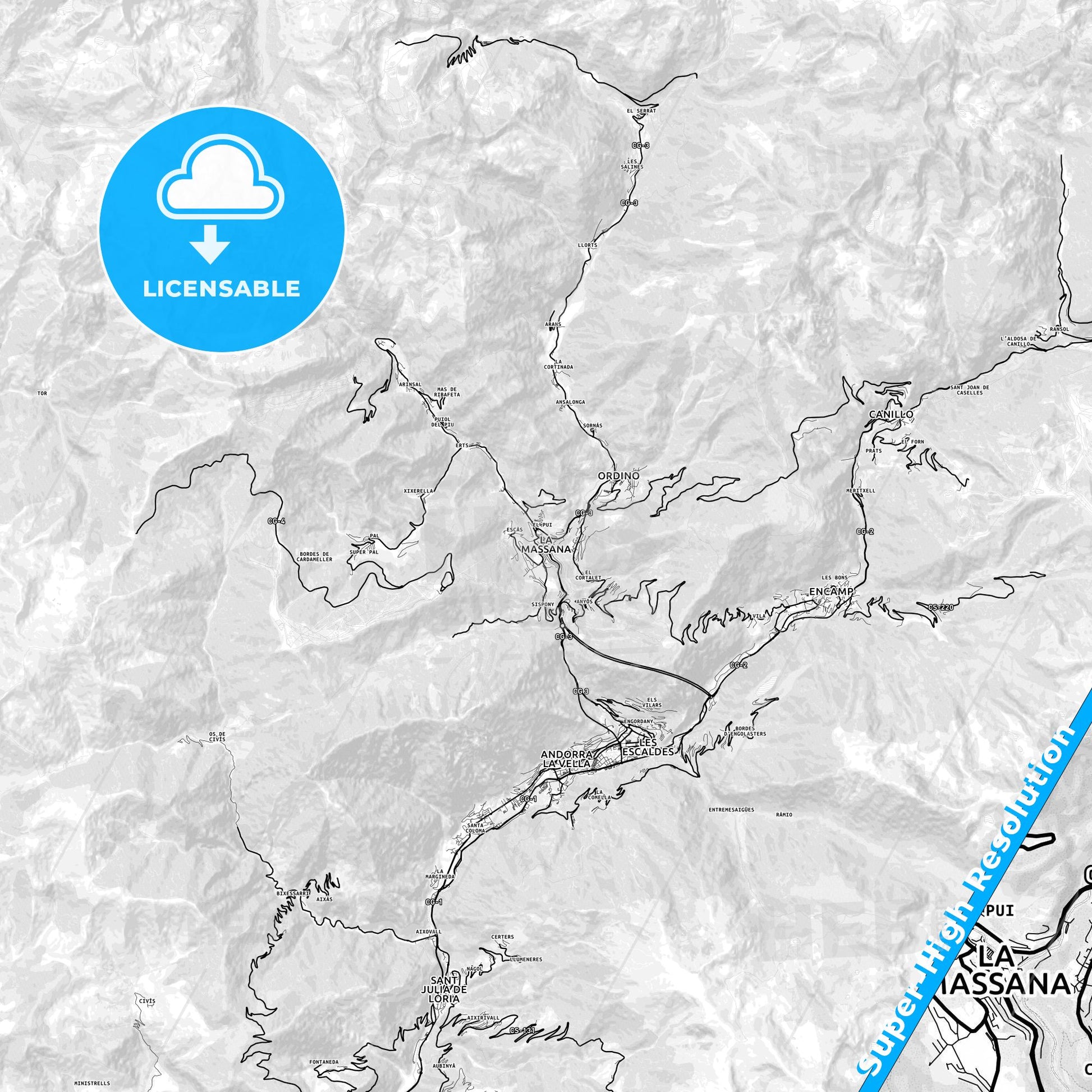 La Massana, Andorra light map with streetnames, citynames and districts