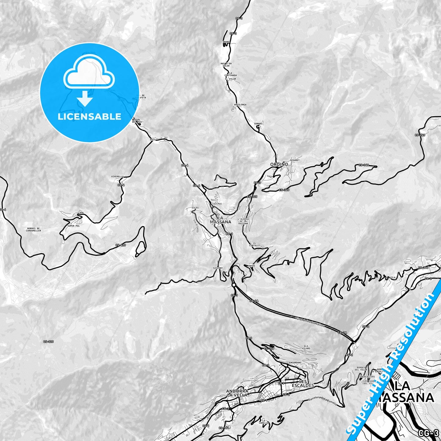 La Massana, Andorra Light Map with Street Names, City Names, and Districts