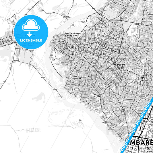 Lambare, Paraguay light map with streetnames, citynames and districts