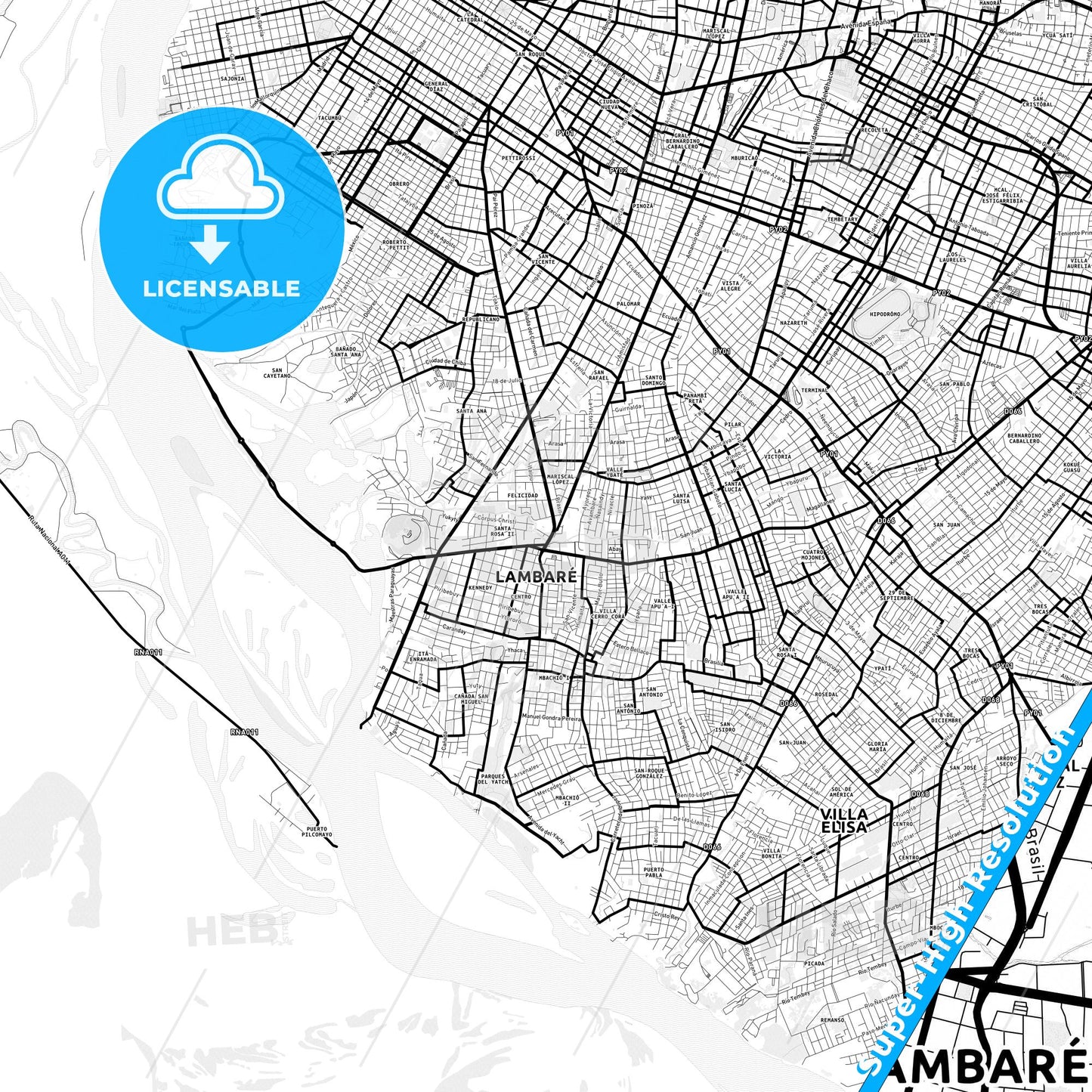 Lambare, Paraguay Light Map with Street Names, City Names, and Districts