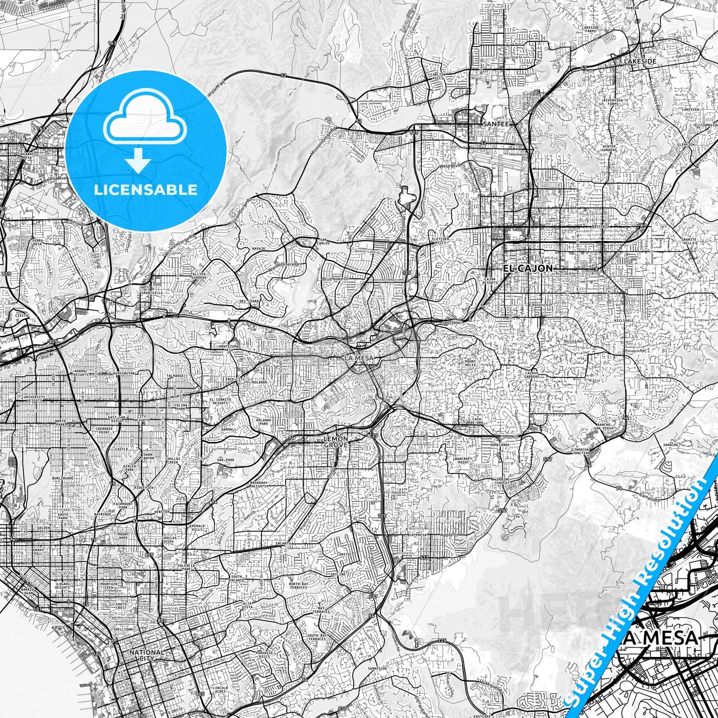 La Mesa, California light map with streetnames, citynames and districts