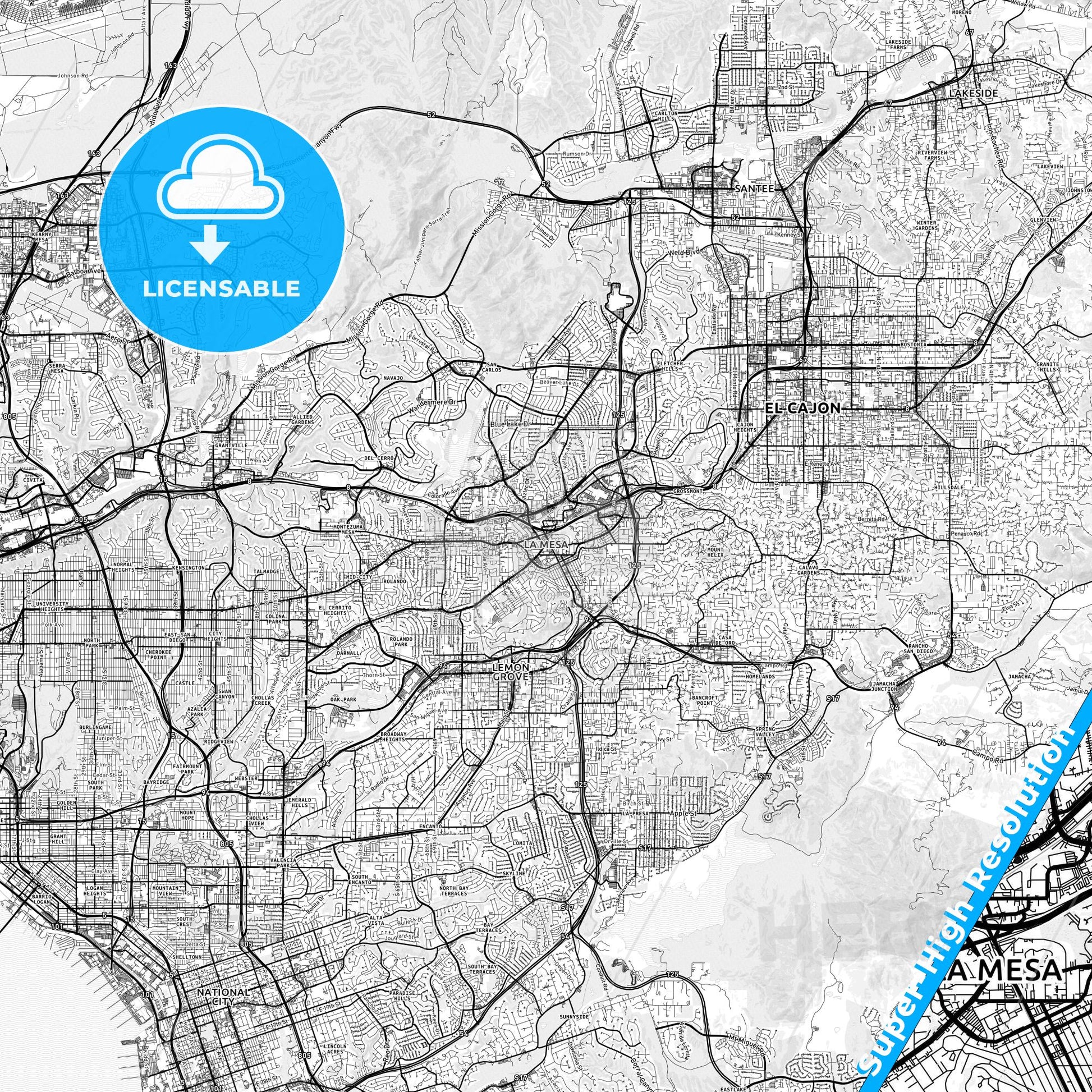 La Mesa, California light map with streetnames, citynames and districts
