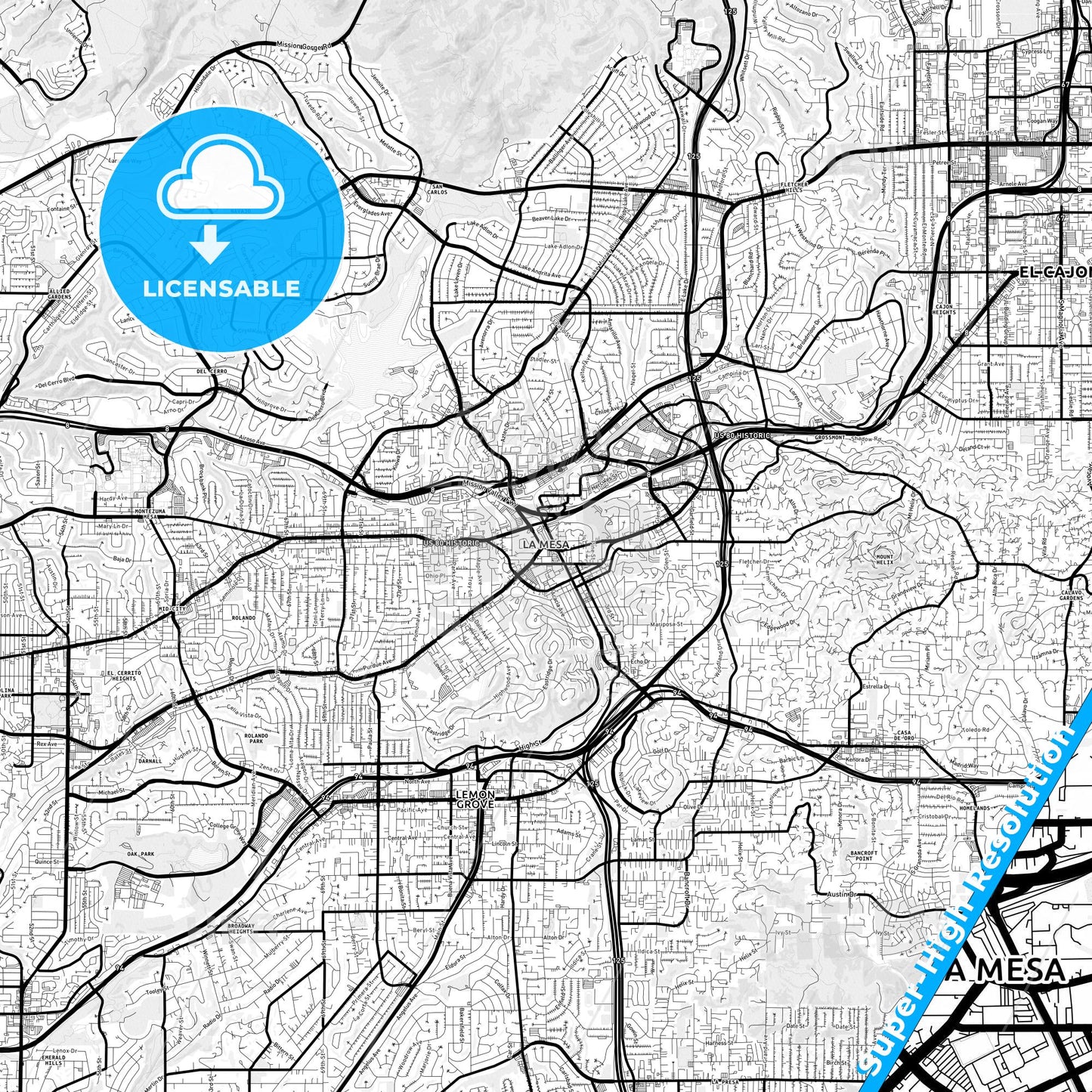 La Mesa, California Light Map with Street Names, City Names, and Districts