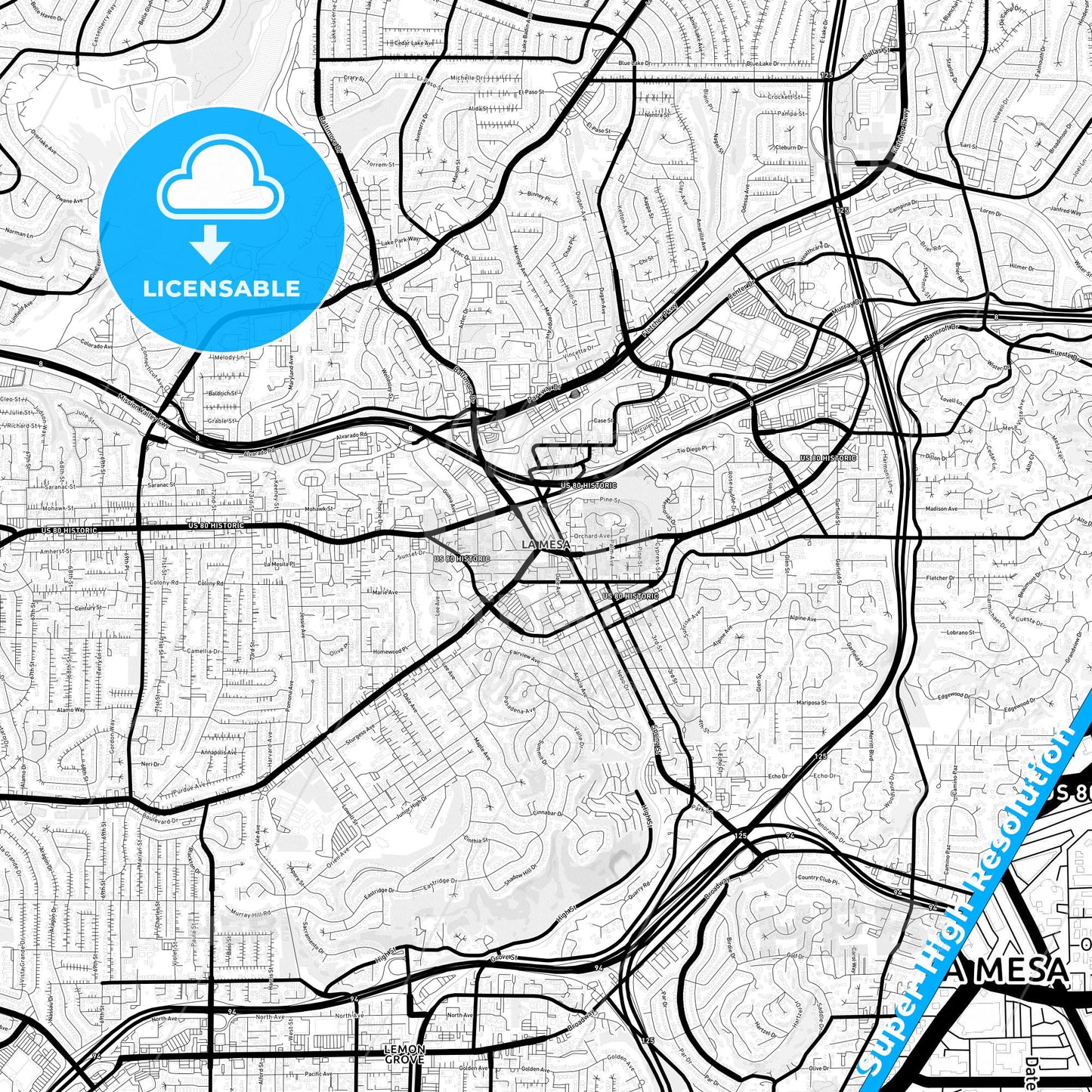 La Mesa, California Light Map with Street Names, City Names, and Districts