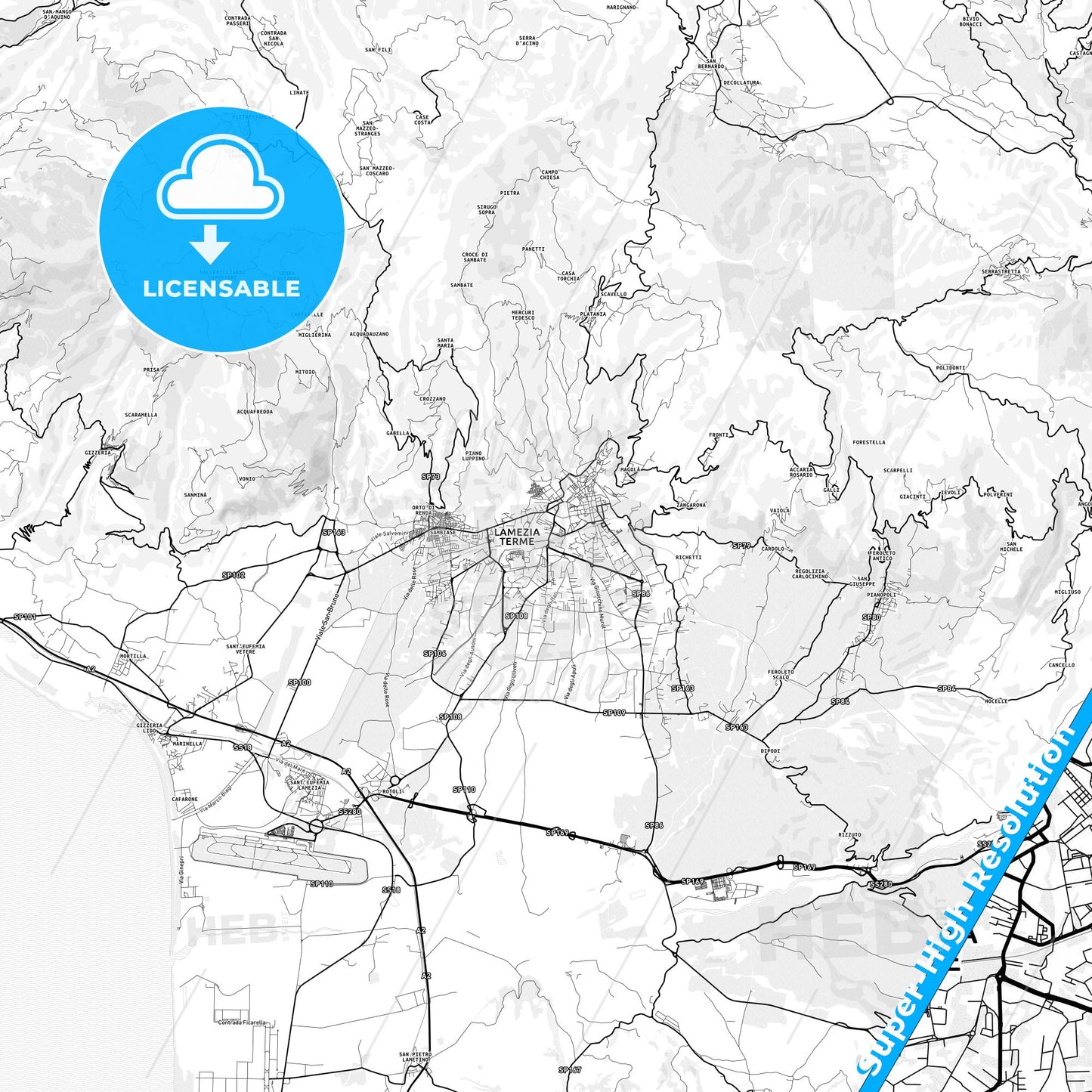 Lamezia Terme, Italy light map with streetnames, citynames and districts