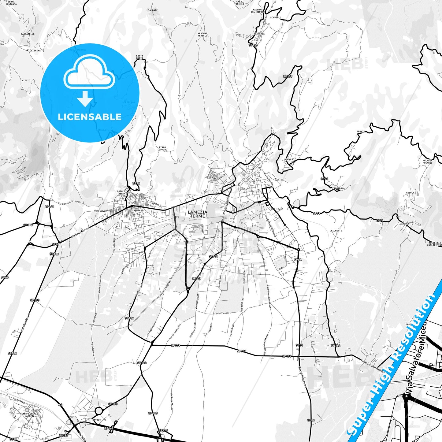 Lamezia Terme, Italy Light Map with Street Names, City Names, and Districts