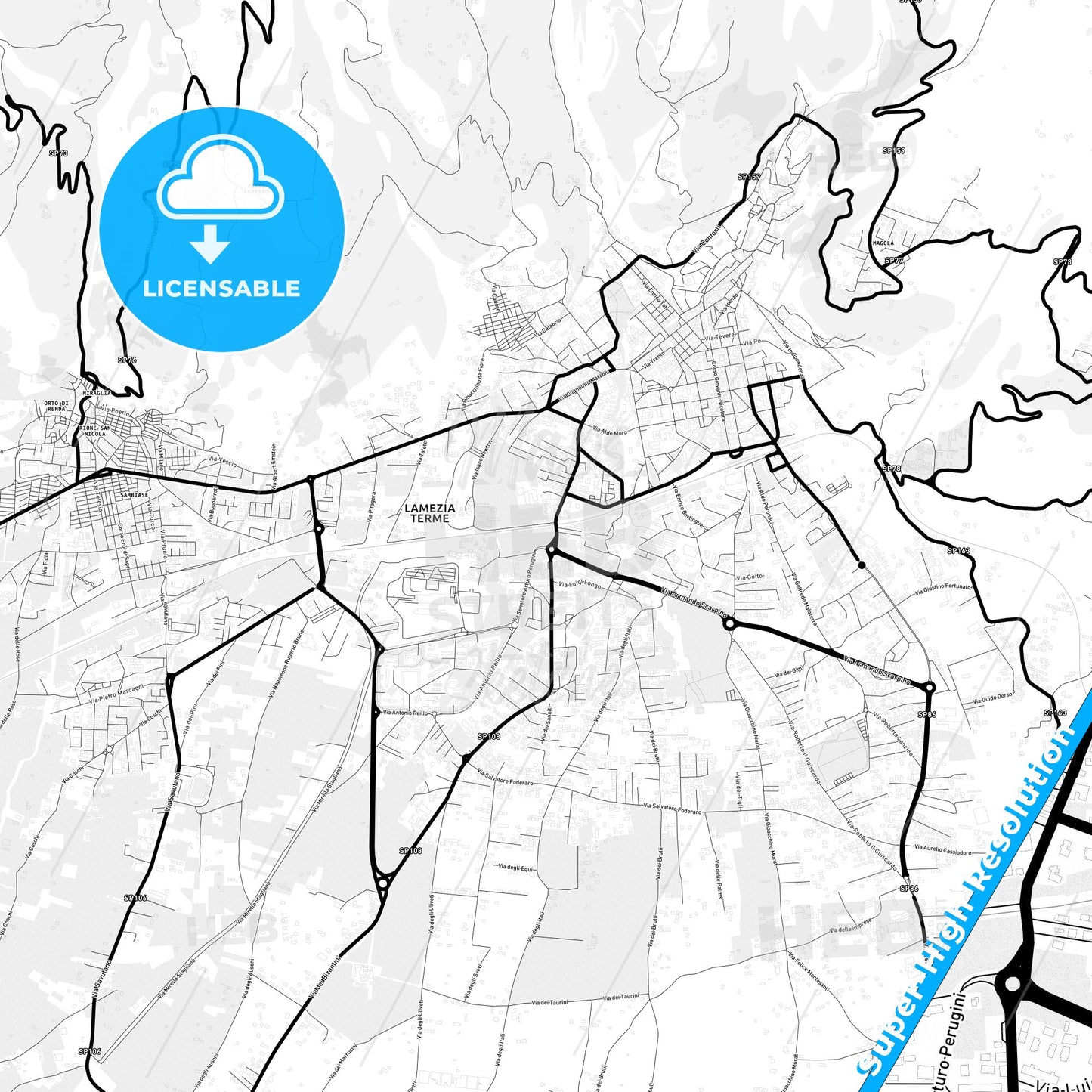 Lamezia Terme, Italy Light Map with Street Names, City Names, and Districts