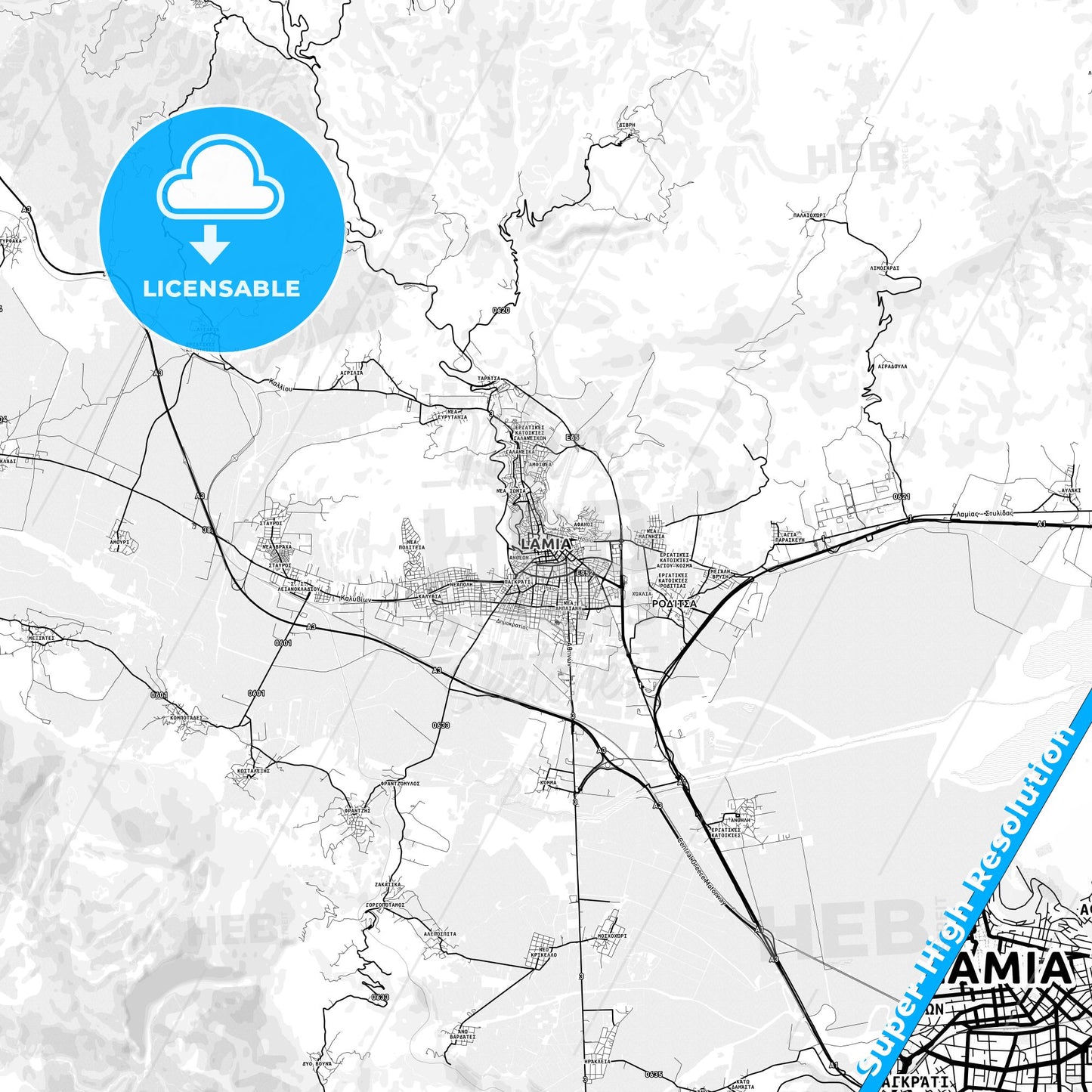 Lamia, Greece light map with streetnames, citynames and districts