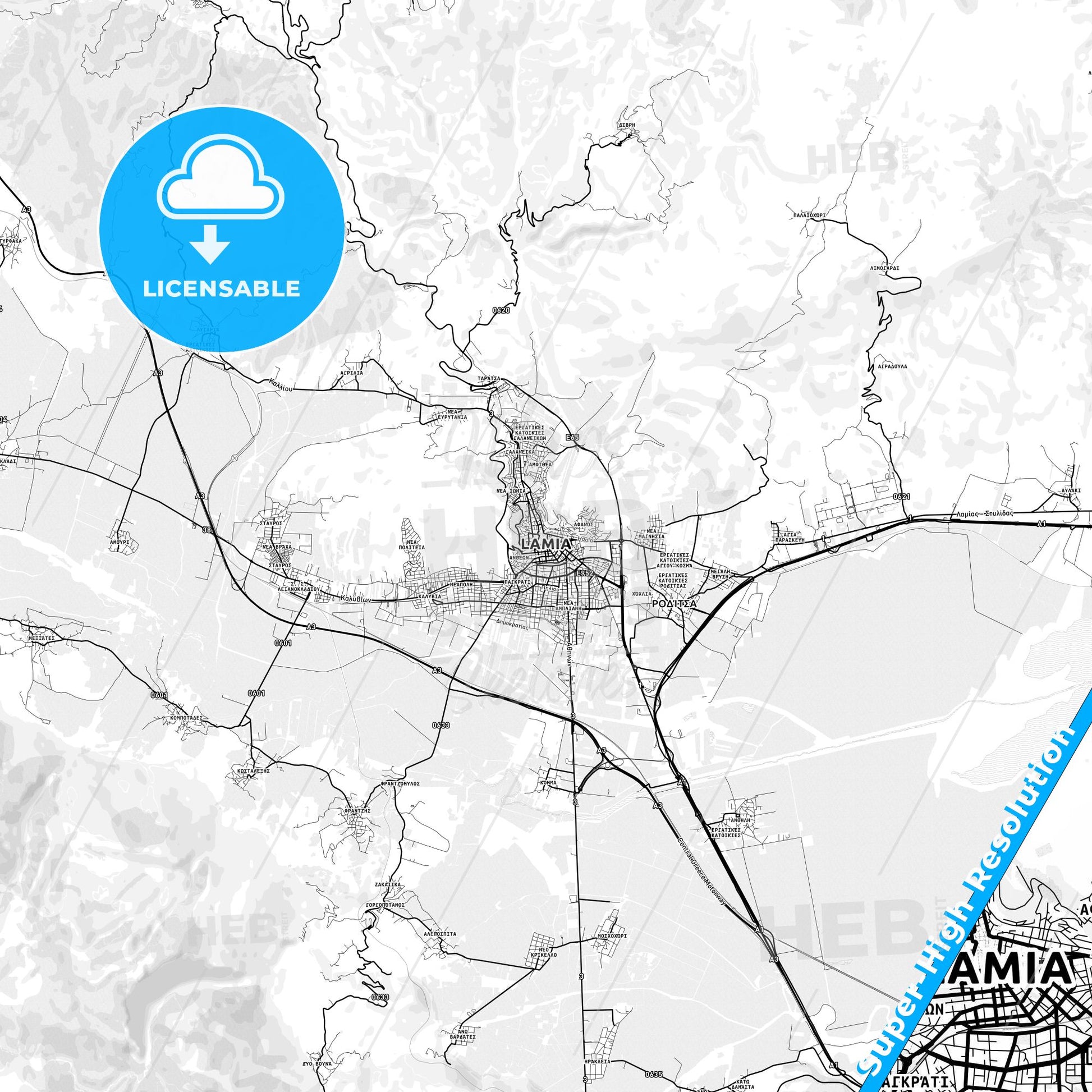 Lamia, Greece light map with streetnames, citynames and districts