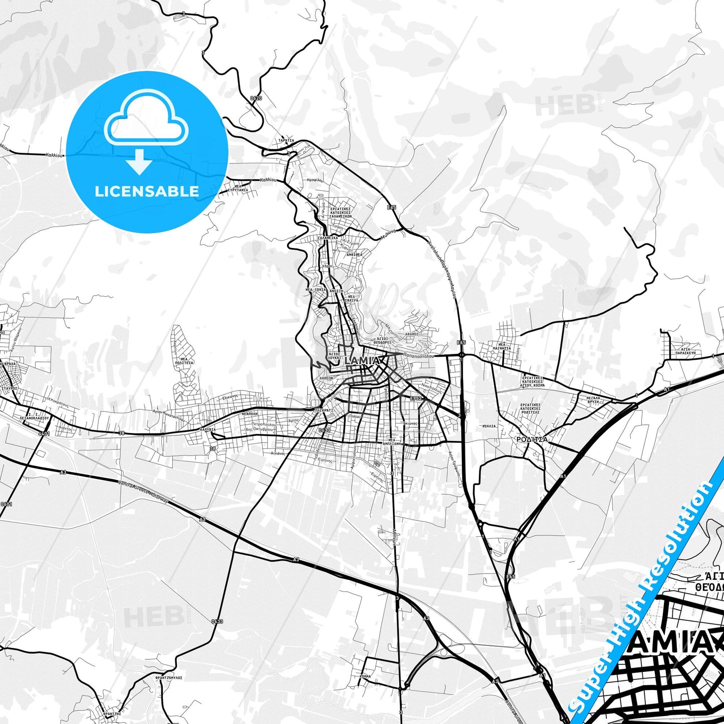 Lamia, Greece Light Map with Street Names, City Names, and Districts