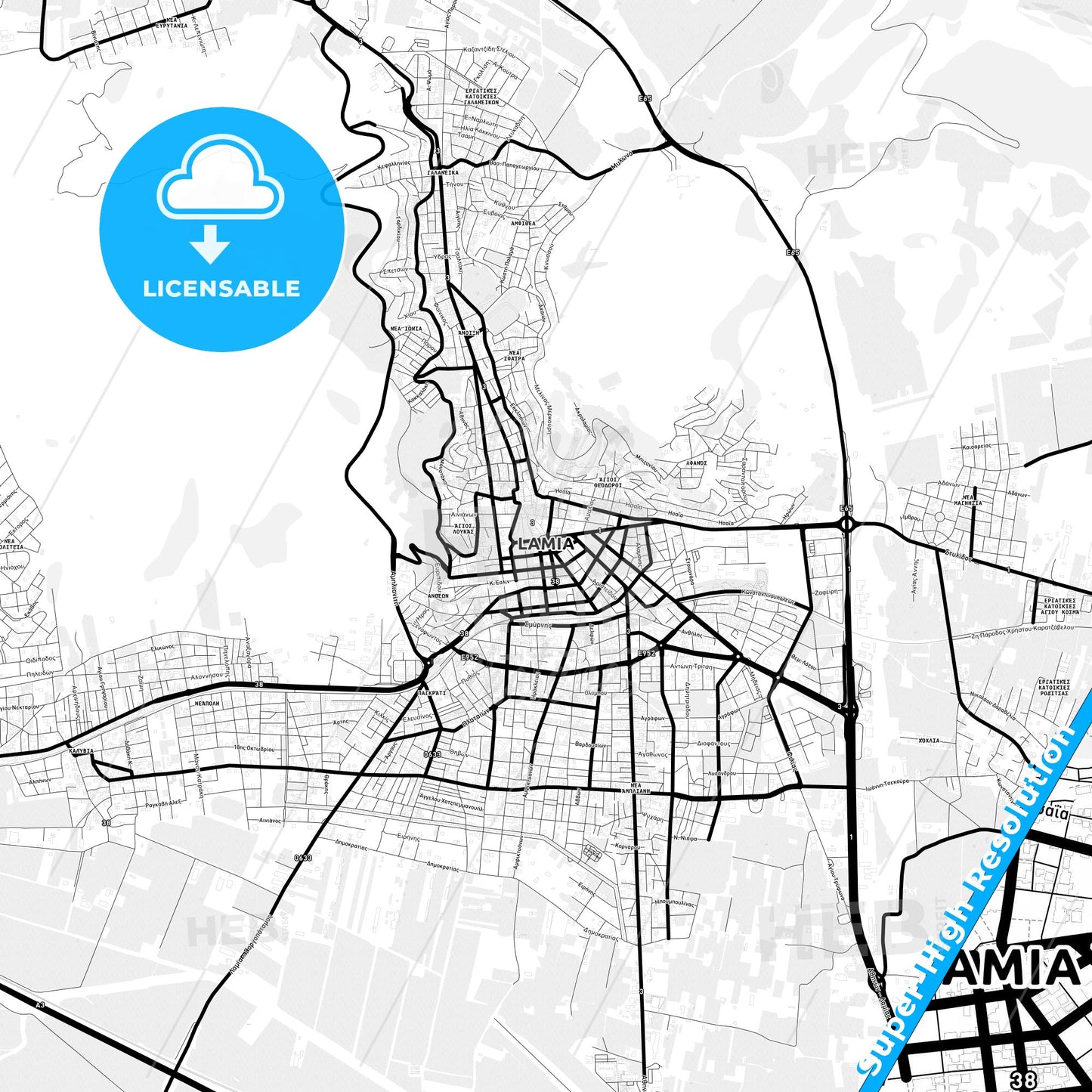 Lamia, Greece Light Map with Street Names, City Names, and Districts