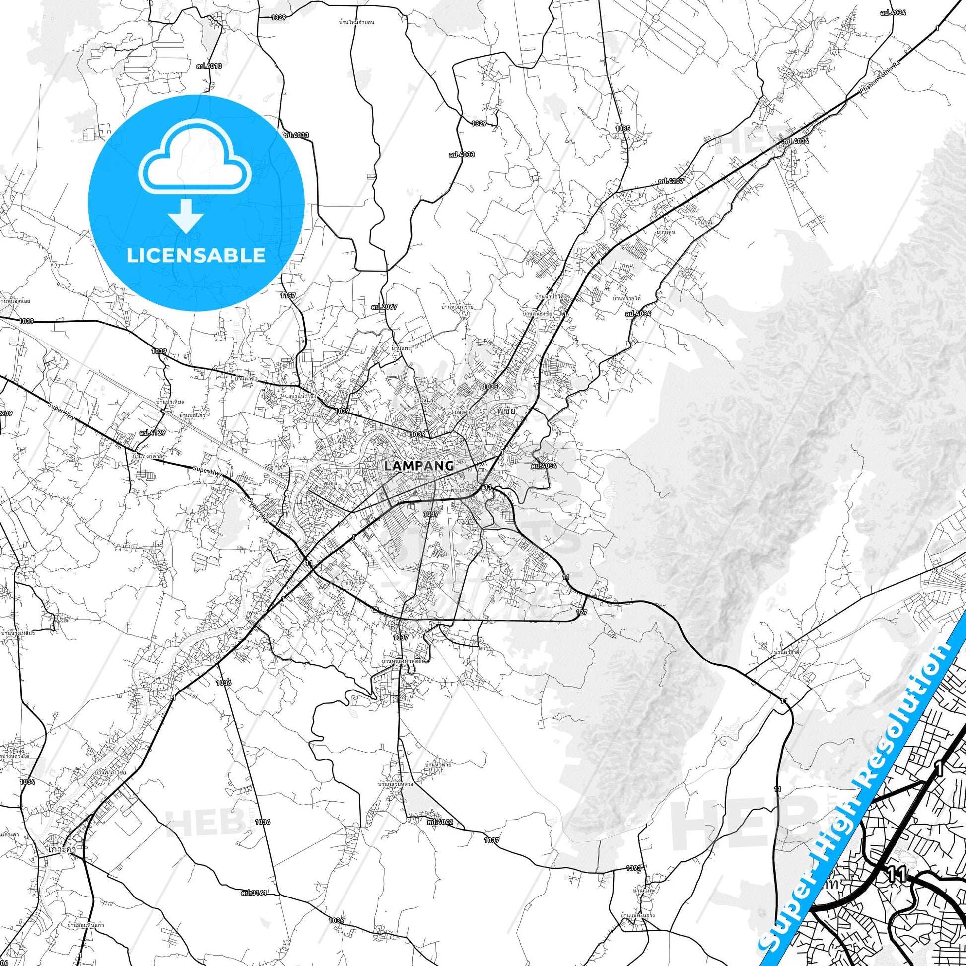 Lampang, Thailand light map with streetnames, citynames and districts