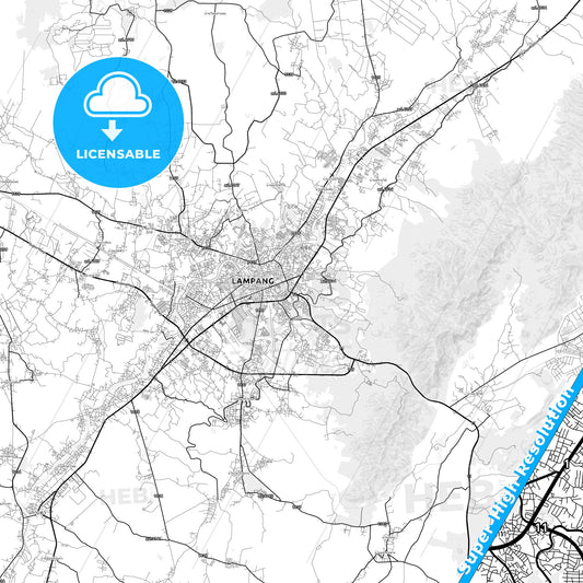Lampang, Thailand light map with streetnames, citynames and districts