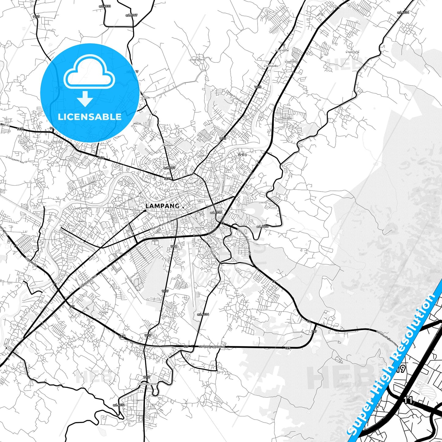 Lampang, Thailand Light Map with Street Names, City Names, and Districts