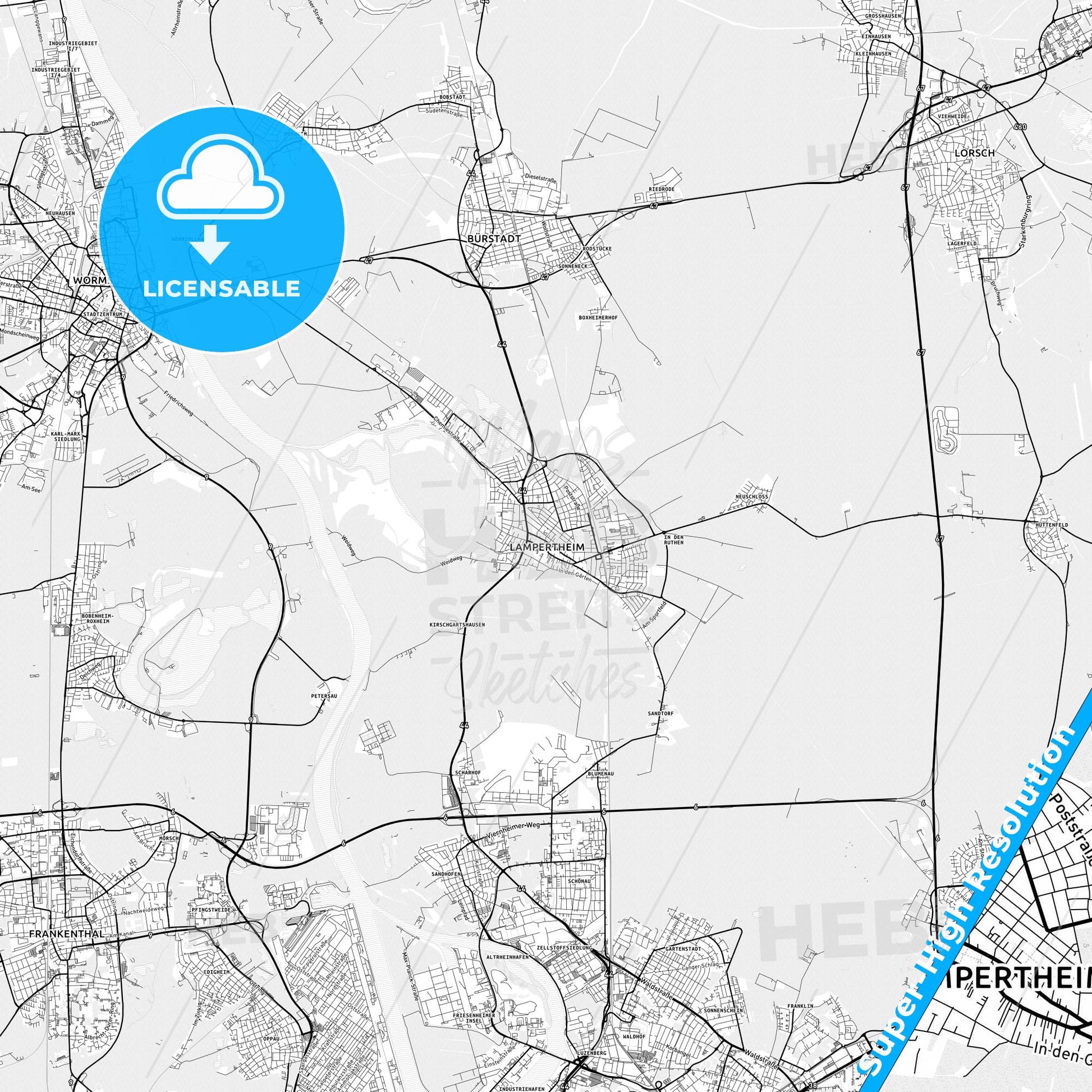 Lampertheim, Germany light map with streetnames, citynames and districts