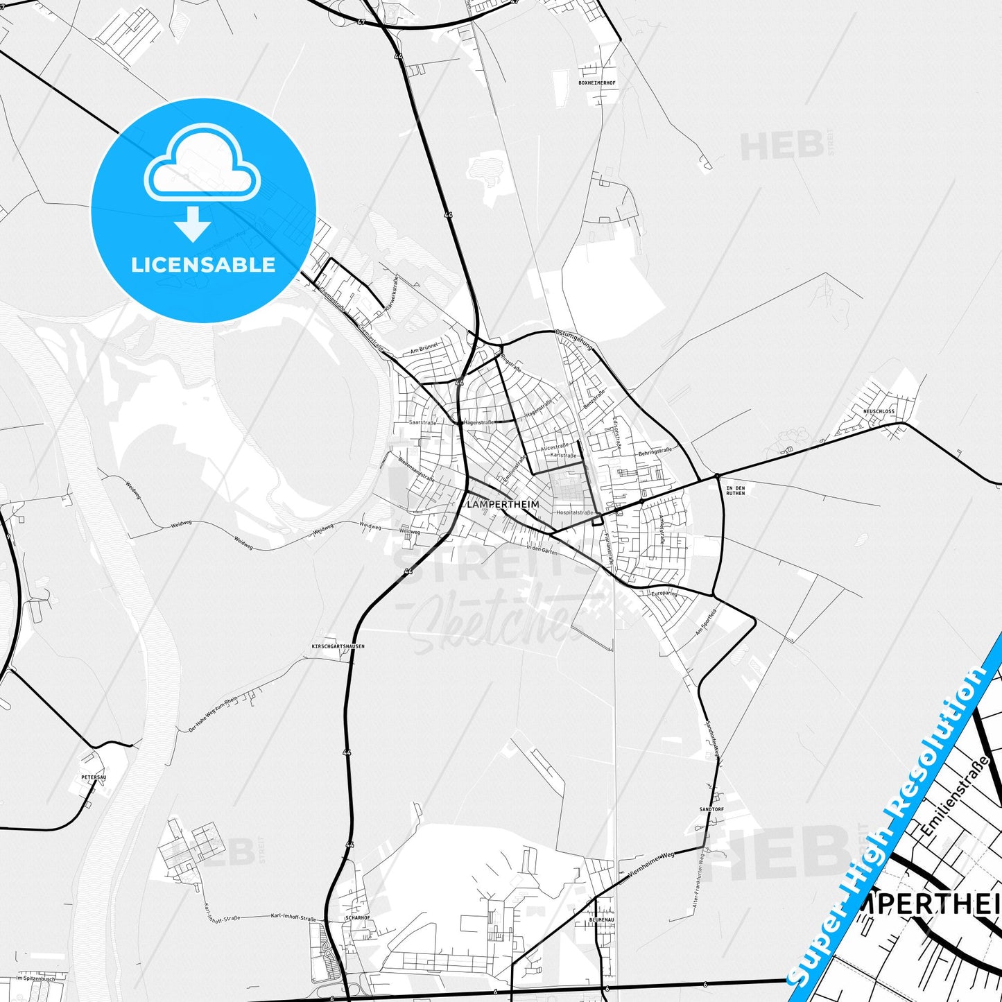 Lampertheim, Germany Light Map with Street Names, City Names, and Districts