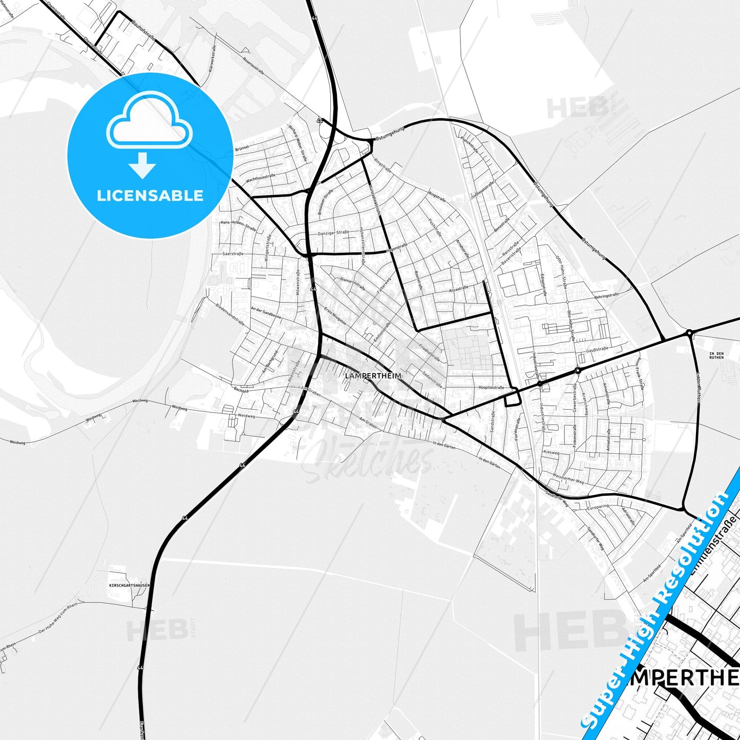 Lampertheim, Germany Light Map with Street Names, City Names, and Districts