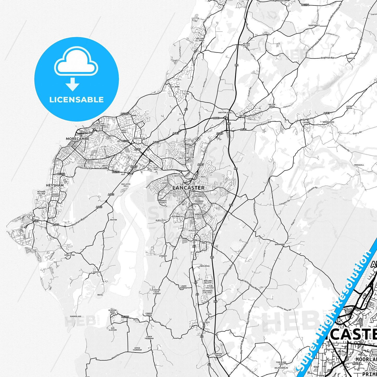 Lancaster, England light map with streetnames, citynames and districts