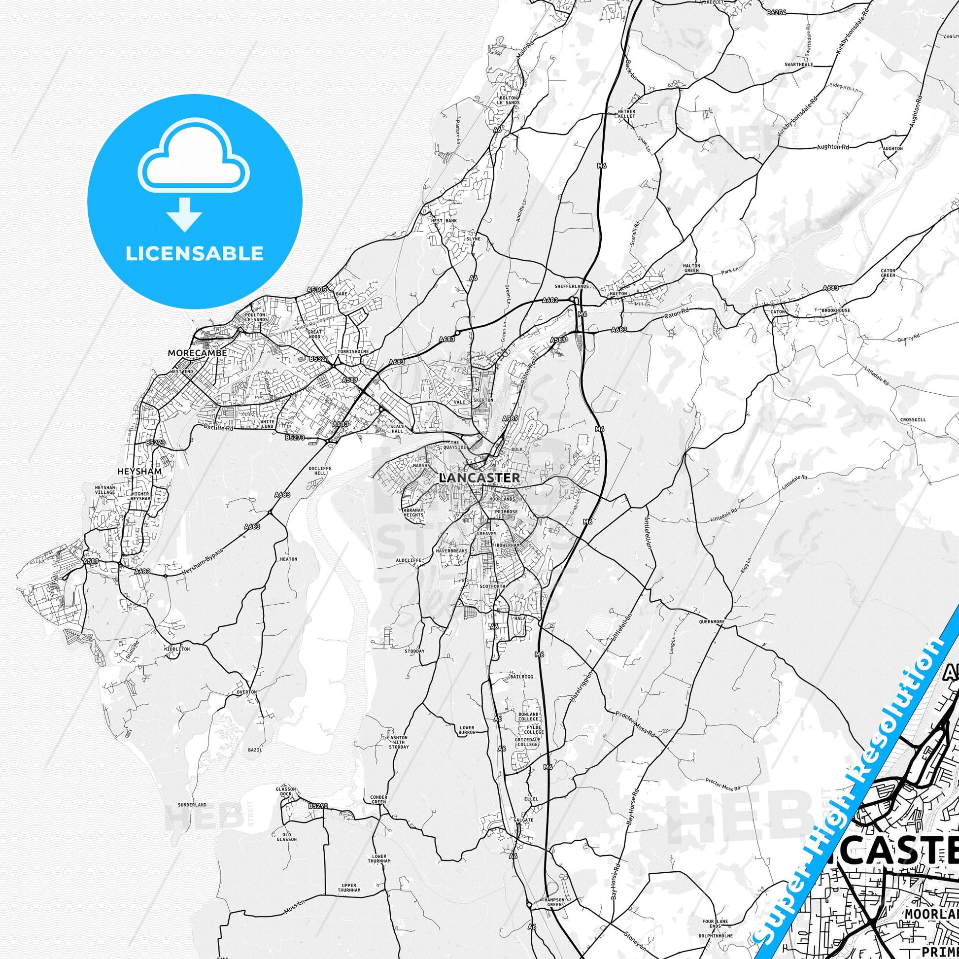 Lancaster, England light map with streetnames, citynames and districts