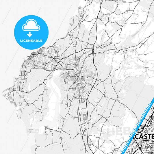 Lancaster, England light map with streetnames, citynames and districts