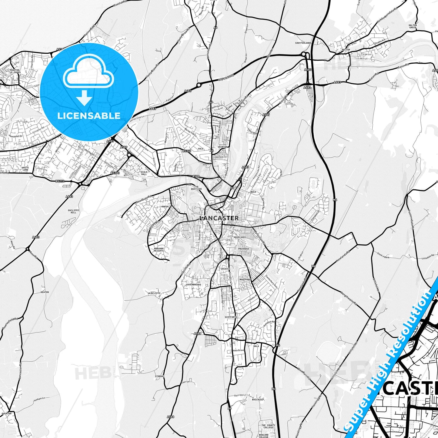 Lancaster, England Light Map with Street Names, City Names, and Districts