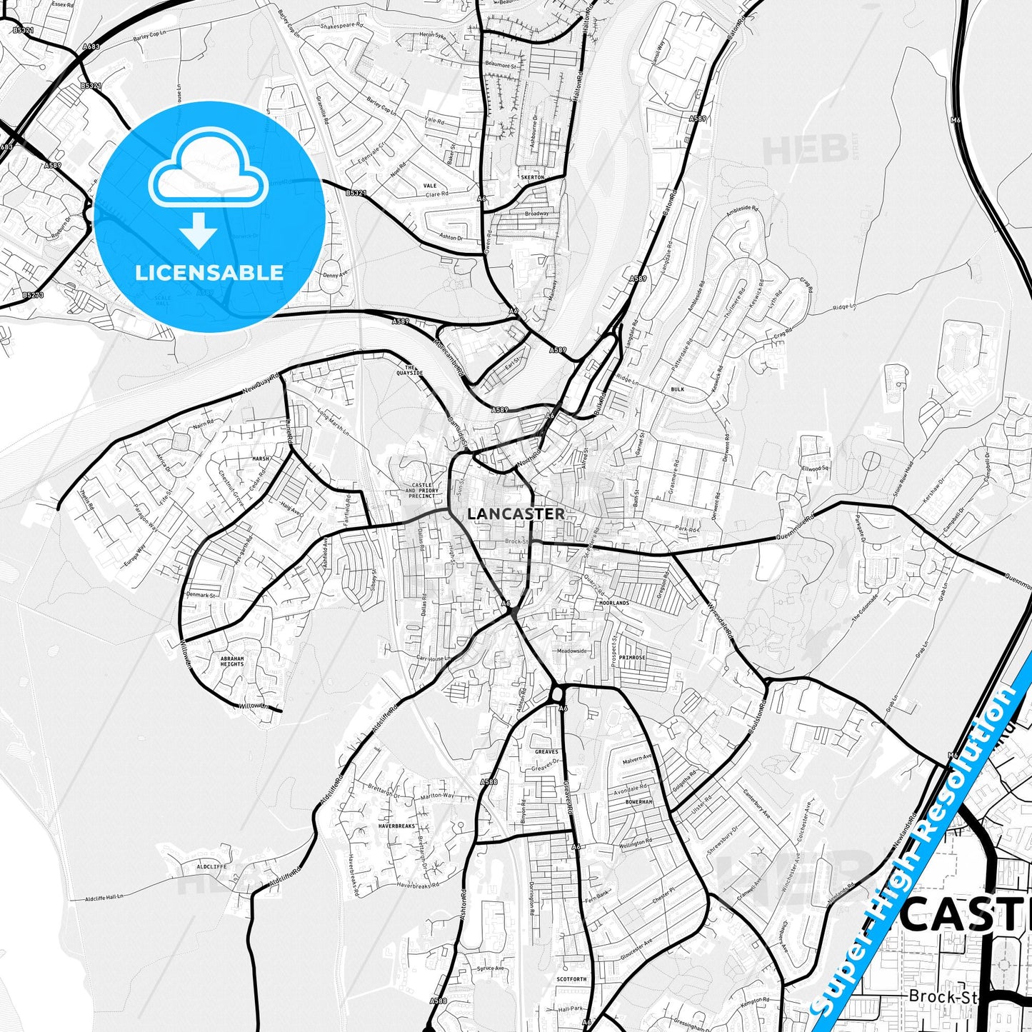 Lancaster, England Light Map with Street Names, City Names, and Districts
