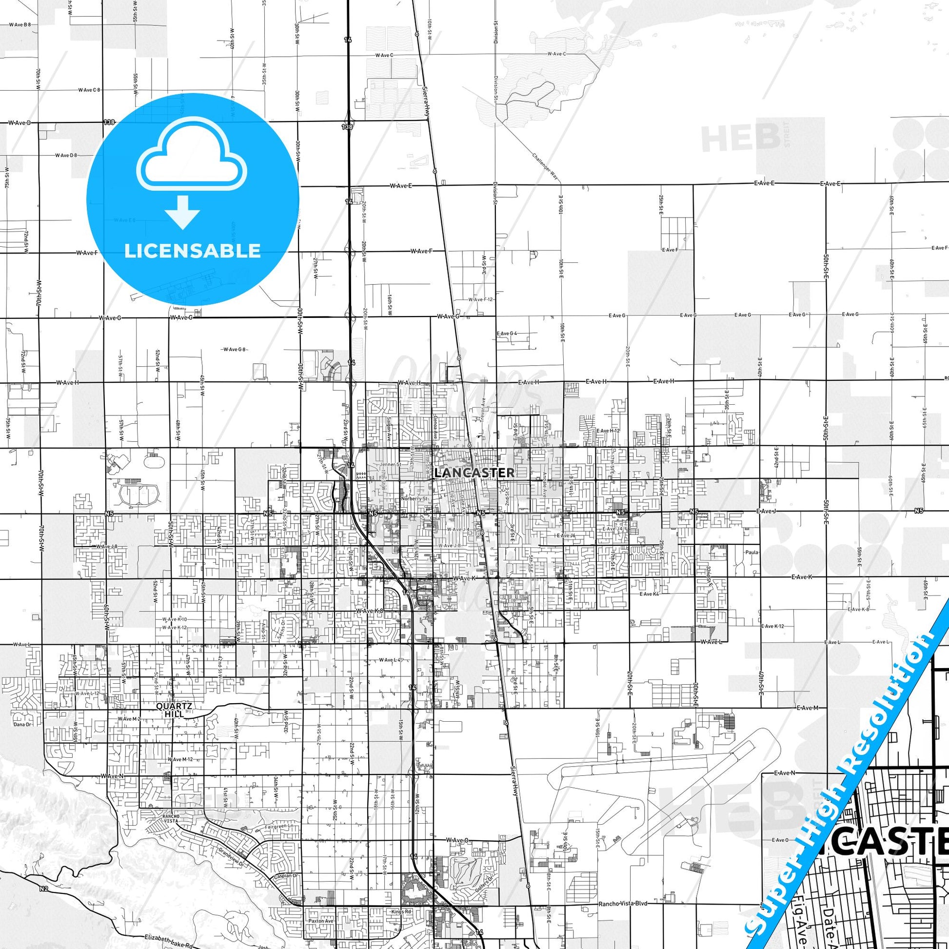 Lancaster, California light map with streetnames, citynames and districts