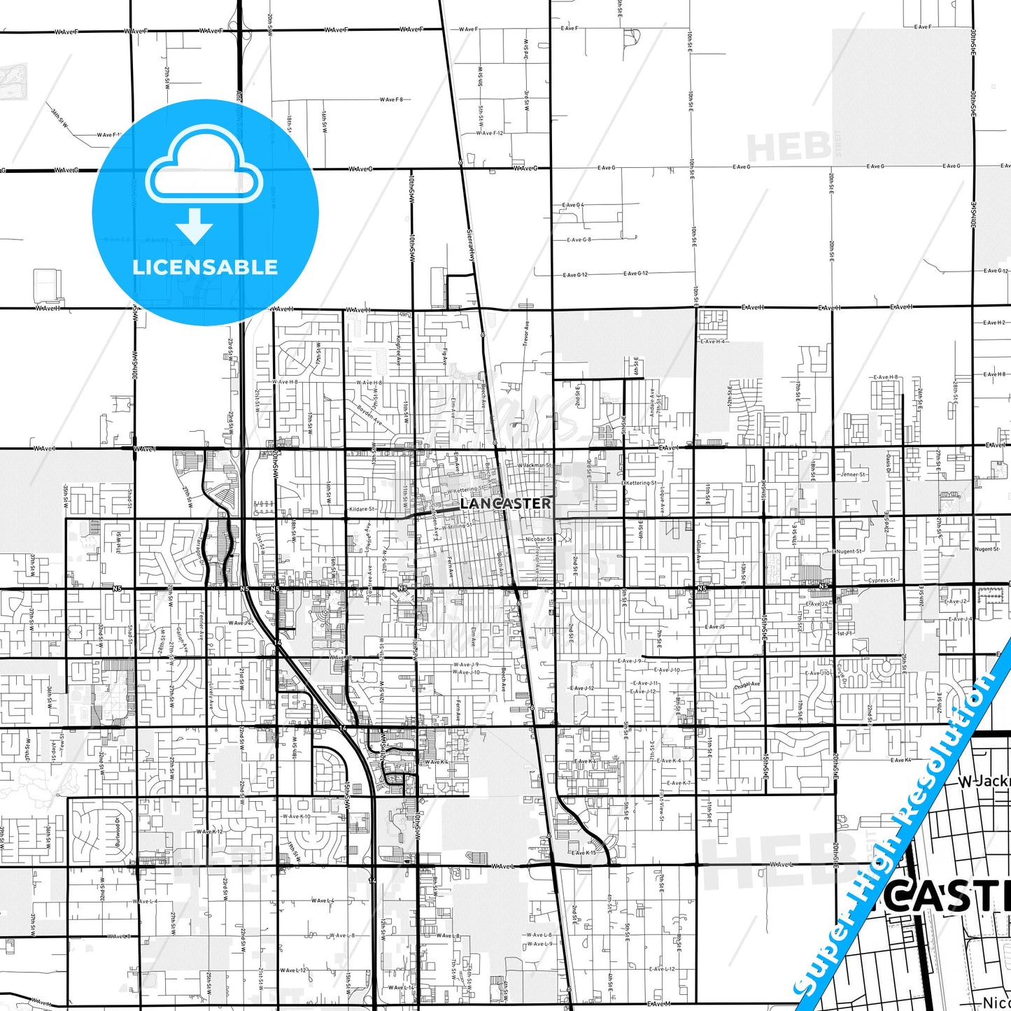 Lancaster, California Light Map with Street Names, City Names, and Districts